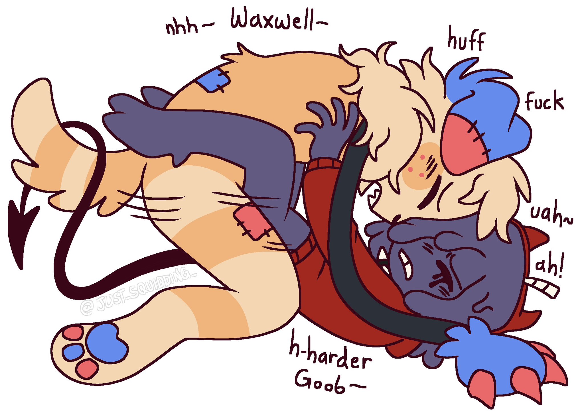 2boys, anthro, anthro only, black body, canid, canine, claws, dandy's world, dandys world, devil horns, devil tail, dog ears, dog tail, furry, furry male, gay, gay male, gay sex, goob (dandy's world), just squidding, light body, long arms, male, male only, mascot horror, moaning, moaning in pleasure, multicolored arms, multicolored ears, multicolored pawpads, multicolored paws, pawpads, paws, red sweater, stitches, waxwell (dandy's world)