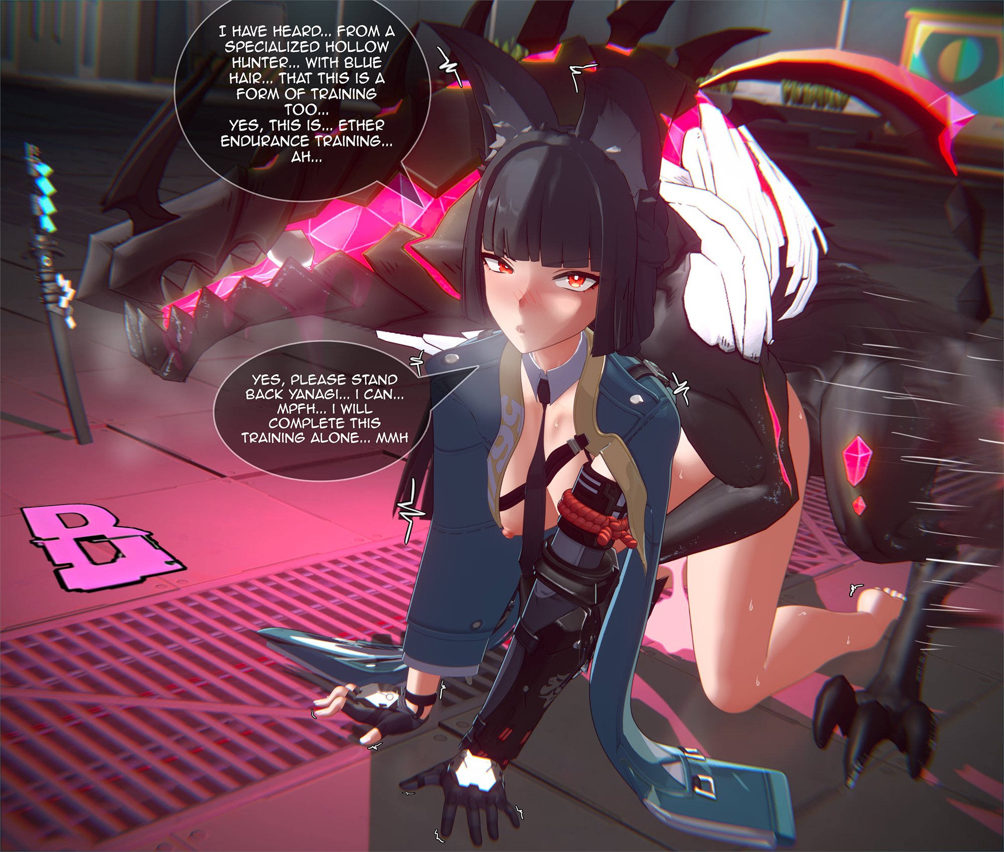 black hair, blush, blushing, breasts, burryfuzz, cum, dog, doggy style, doggystyle, english, english text, ethereal (zenless zone zero), feet, fox ears, fox girl, hoshimi miyabi, hoyoverse, looking at viewer, mihoyo, red eyes, sex, sweat, sweating, text, zenless zone zero