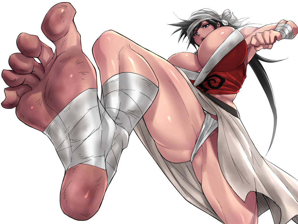 1girls, bandages, black hair, bleach, breasts, cleavage, clothing, dirty feet, feet, female, female only, foot fetish, from below, fundoshi, green eyes, huge breasts, kukaku shiba, one leg raised, shiva (tairakuten), simple background, soles, stomp, toes, turban, underwear, viewed from below, white background