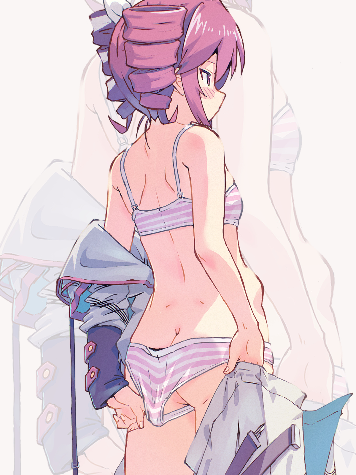 1girls, 2d, 2d (artwork), artist request, ass, ass cleavage, ass crack, back, back view, blush, blush lines, blushing, bra, female, female only, hair ornament, hairbow, hip bones, kasane teto, kasane teto (sv), looking away, midriff, panties, panties pull, petite, petite body, petite female, petite woman, pulling panties, red eyes, red hair, skinny, skinny female, slim girl, slim waist, small ass, small breasts, solo, solo female, striped bra, striped panties, synthesizer v, twin drills, underwear, undressed, undressing, utau
