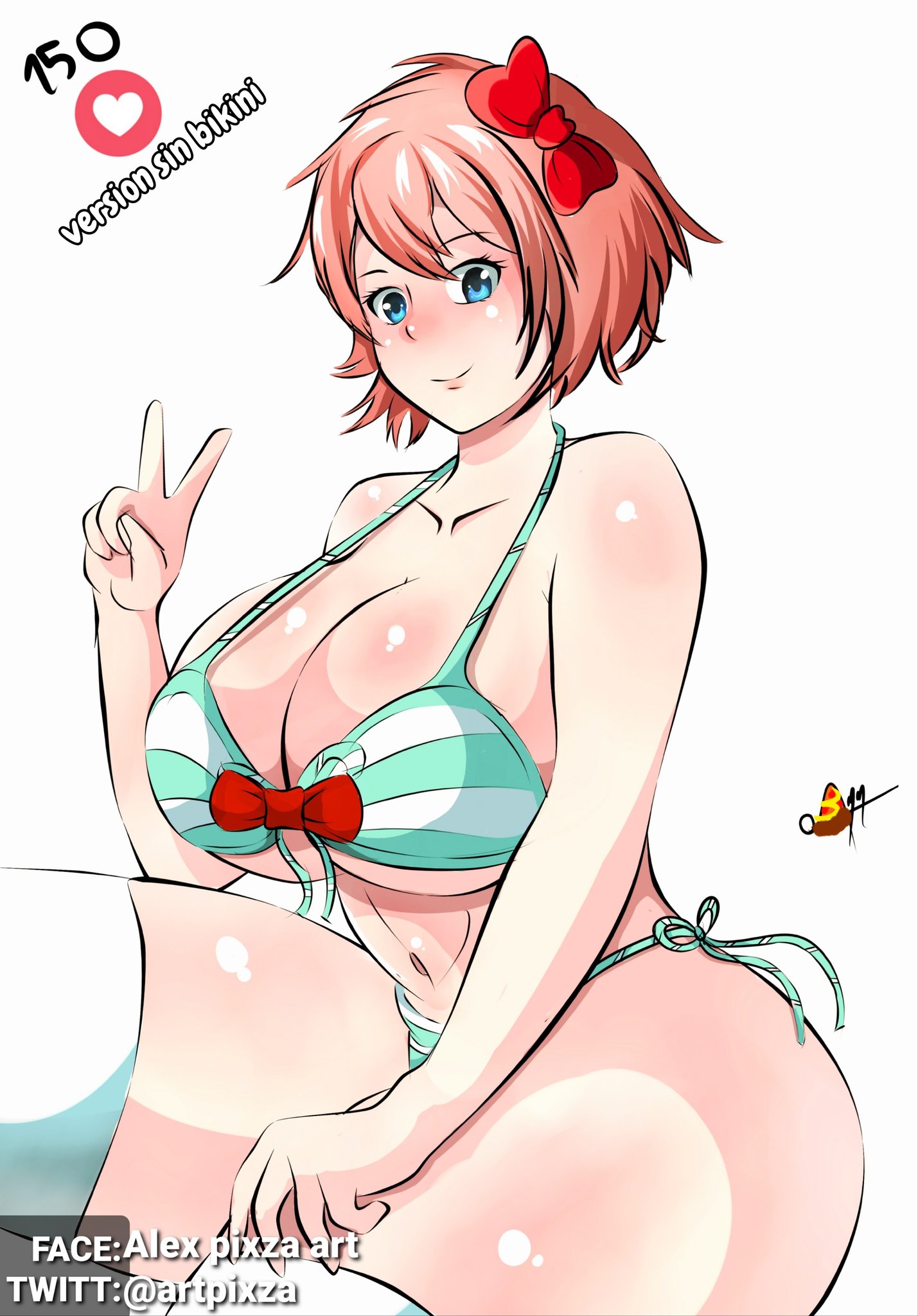 big breasts, bikini, bikini bra, bikini top, blue eyes, blush, bow, breasts, doki doki literature club, female, hairbow, just sayori, large breasts, looking at viewer, peace sign, pixzapix, red bow, sayori (doki doki literature club), simple background, smiling, solo, thick thighs, thighs