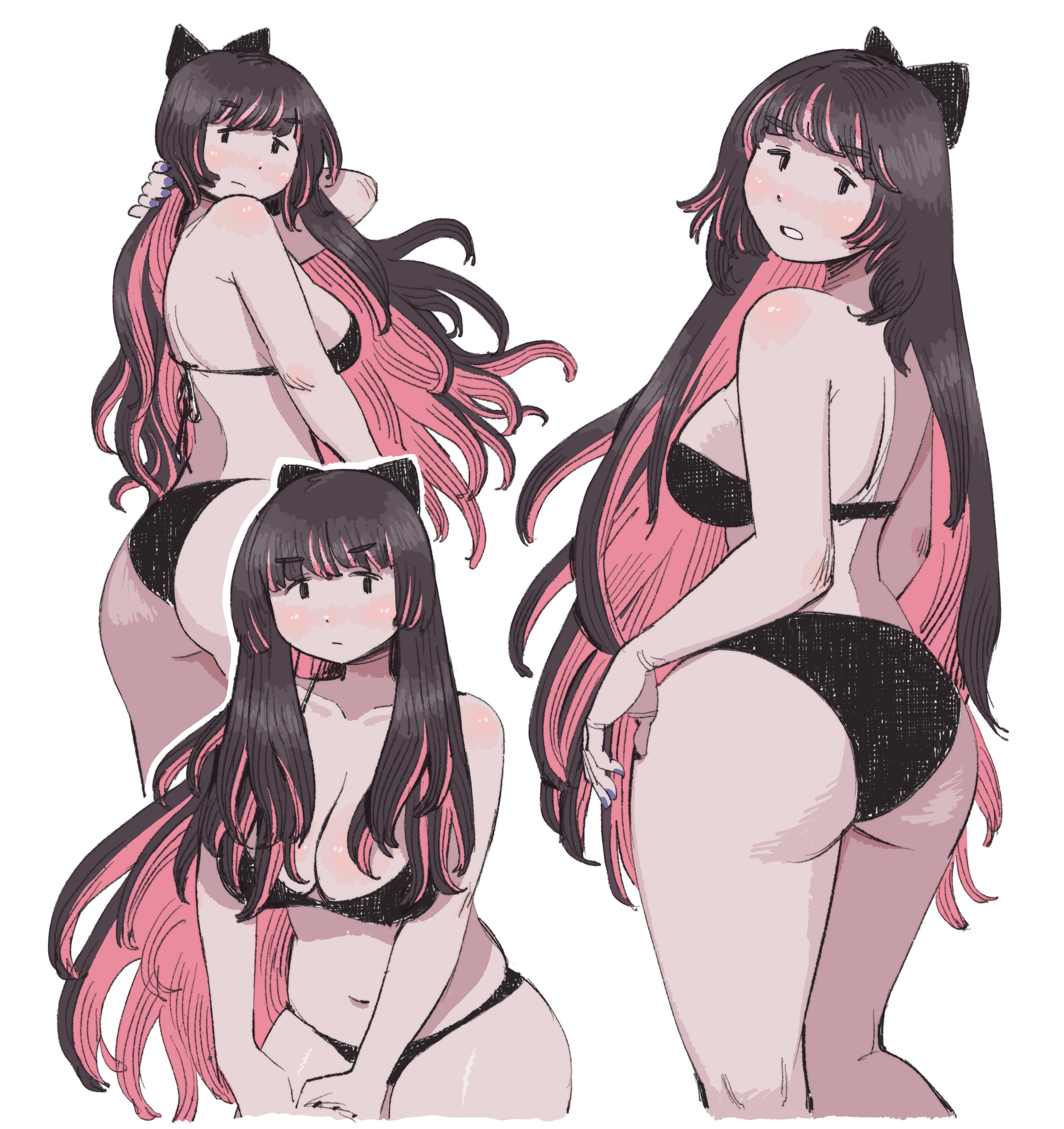 ass, ass focus, blue nails, blush, breasts, cleavage, from behind, heidi central, large ass, large breasts, looking back, mob face, multiple views, navel, panty & stocking with garterbelt, simple background, stocking anarchy, tummy, white background