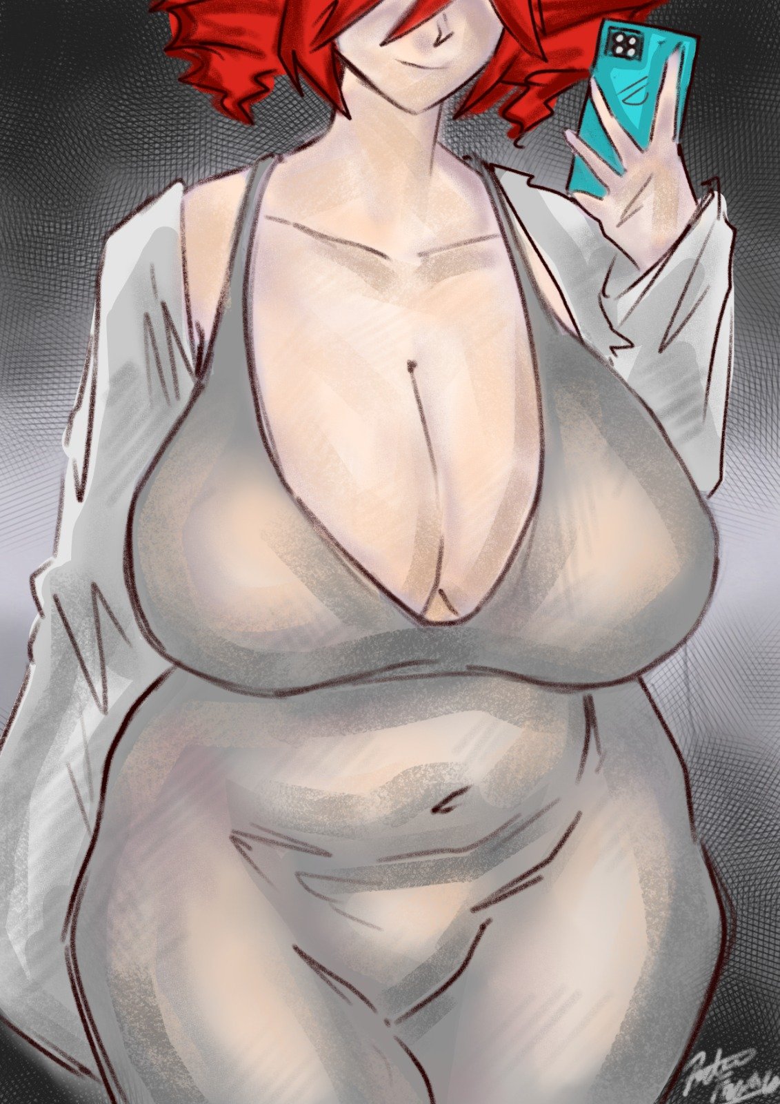 1girls, 2d, 2d (artwork), artist name, artist request, artist signature, belly, big belly, big breasts, breasts, breasts bigger than head, breasts focus, clavicle, cleavage, clothed, clothed female, clothing, curvaceous, curvy, curvy female, curvy figure, dongtan dress, dress, face out of frame, fat, fat breasts, fat female, fat woman, female, female only, hips wider than shoulders, hourglass figure, huge breasts, huge hips, kasane teto, large breasts, massive breasts, massive hips, navel, navel visible through clothes, no bra, phone, plump, plump breasts, plump thighs, red hair, revealing clothes, revealing dress, selfie, simple background, solo, solo female, tight clothing, tight dress, utau, venus body, voluptuous, voluptuous female, wide hips