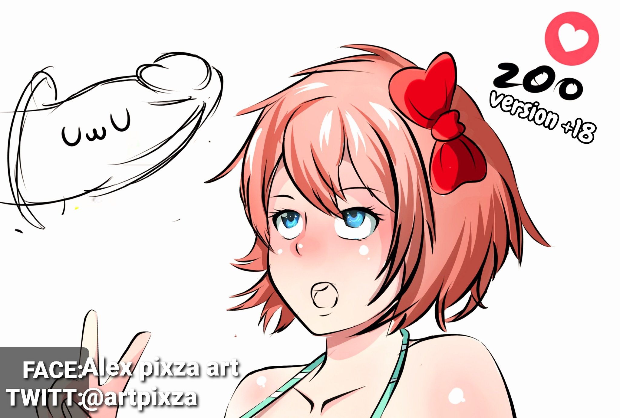 blue eyes, blush, bow, doki doki literature club, eyebrows visible through hair, female, glory hole, hairbow, looking at penis, male, peace sign, penis, pixzapix, red bow, sayori (doki doki literature club), simple background, unseen male face, uwu
