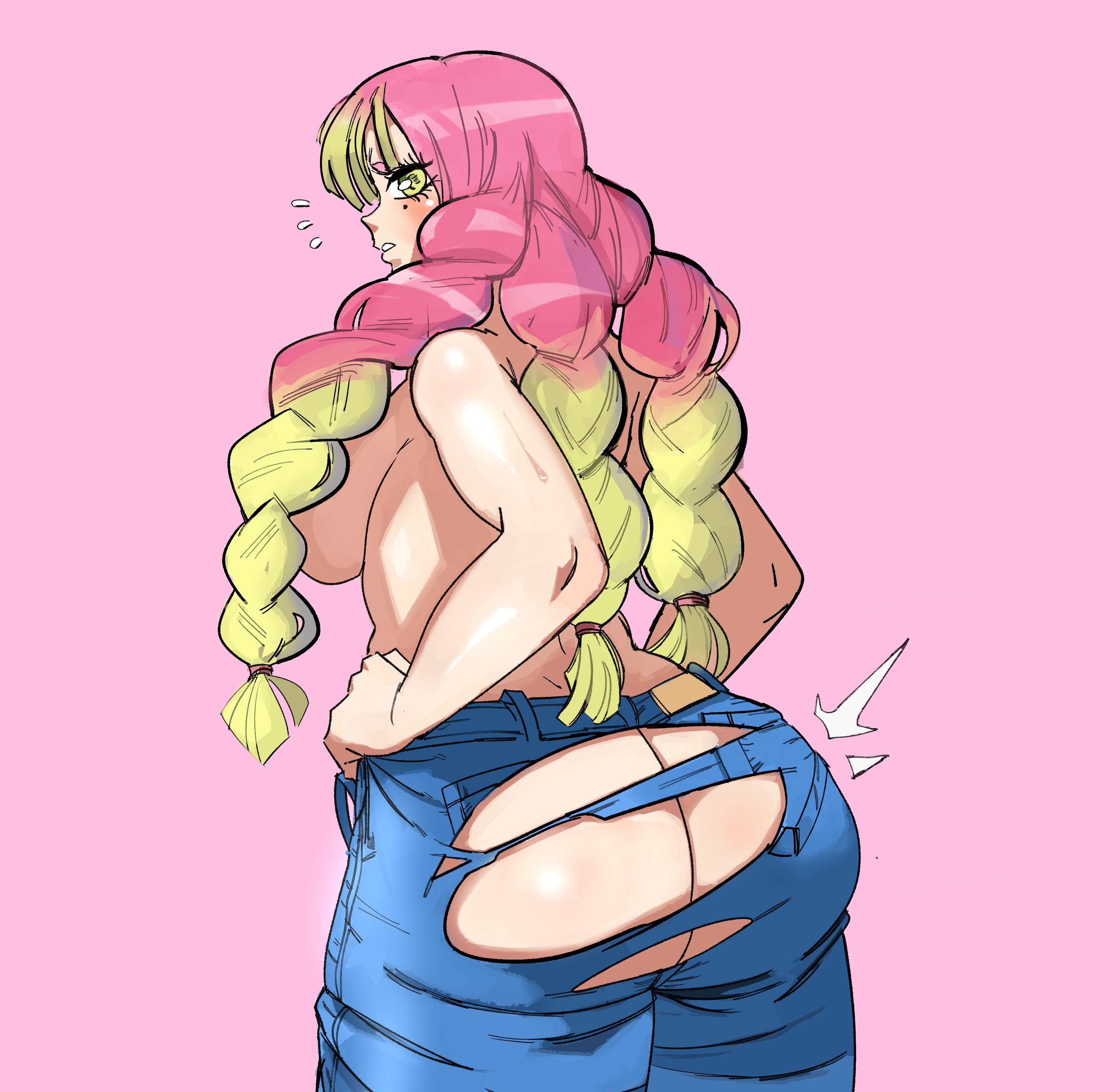 1girls, ass, big ass, big butt, braided hair, breasts, bubble ass, bubble butt, caked up, curvy, demon slayer, embo, fat ass, female, female only, from behind, jeans, kanroji mitsuri, kimetsu no yaiba, long hair, pants, pink background, ripped clothing, ripped pants, shounen jump, sideboob, solo, thick ass, topless, torn clothes, torn pants, two-tone hair