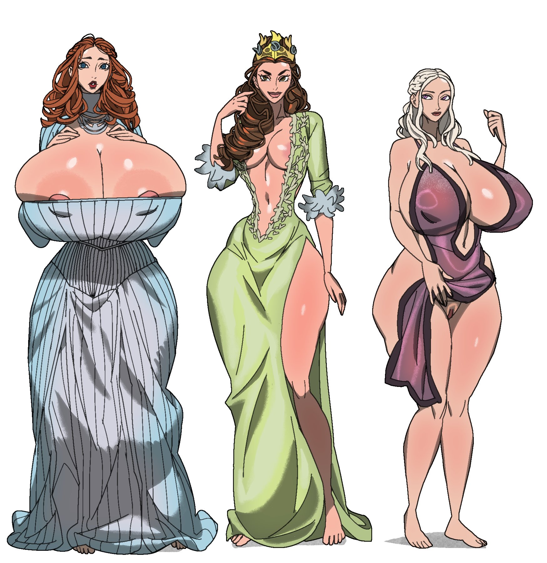 3girls, a song of ice and fire, alternate breast size, daenerys targaryen, game of thrones, hourglass figure, huge ass, huge breasts, jijisama, margaery tyrell, royalty, sansa stark