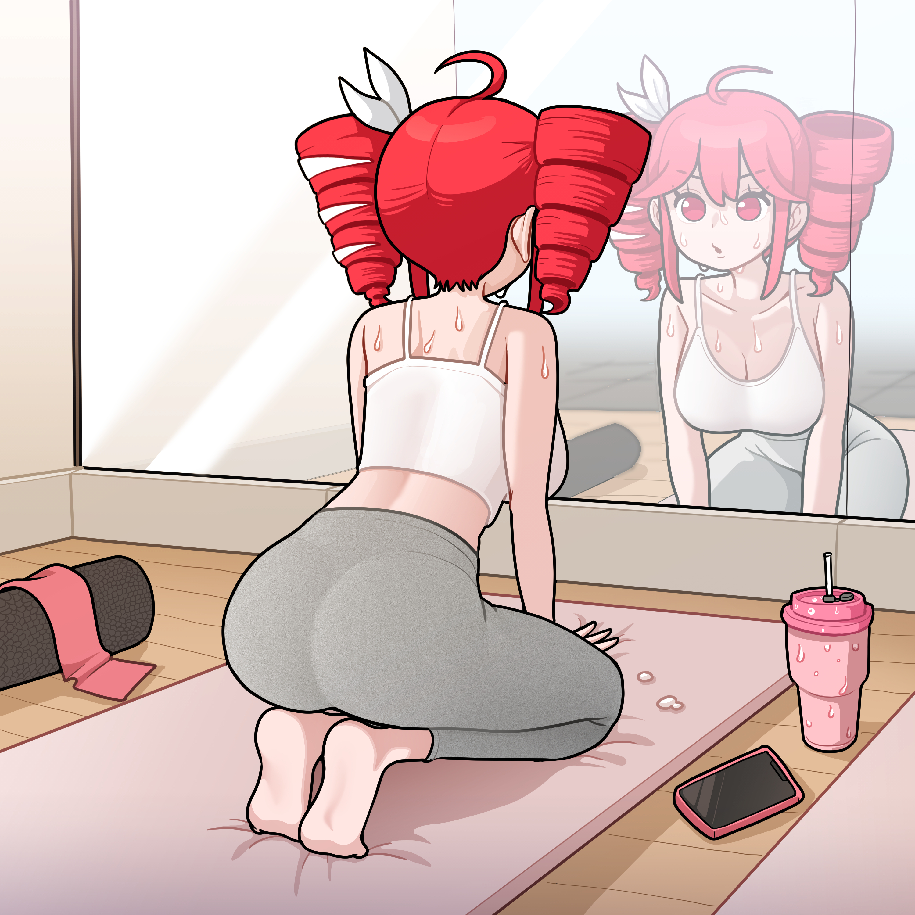 1girls, 2d, 2d (artwork), ahoge, artist request, ass, ass focus, back, back view, big ass, big breasts, big thighs, breasts, cleavage, clothed, clothed female, clothing, curvaceous, curvy, curvy female, curvy figure, eyelashes, feet, female, female only, fully clothed, gym, gym clothes, hair ornament, hairbow, kasane teto, kasane teto (sv), large ass, large breasts, large thighs, leggings, looking at mirror, mirror, mirror reflection, phone, red eyes, red hair, slim waist, soles, solo, solo female, sweat, sweatdrop, sweating, synthesizer v, thick thighs, thighs, tight clothing, tight pants, twin drills, utau, wide hips, yoga mat, yoga pants