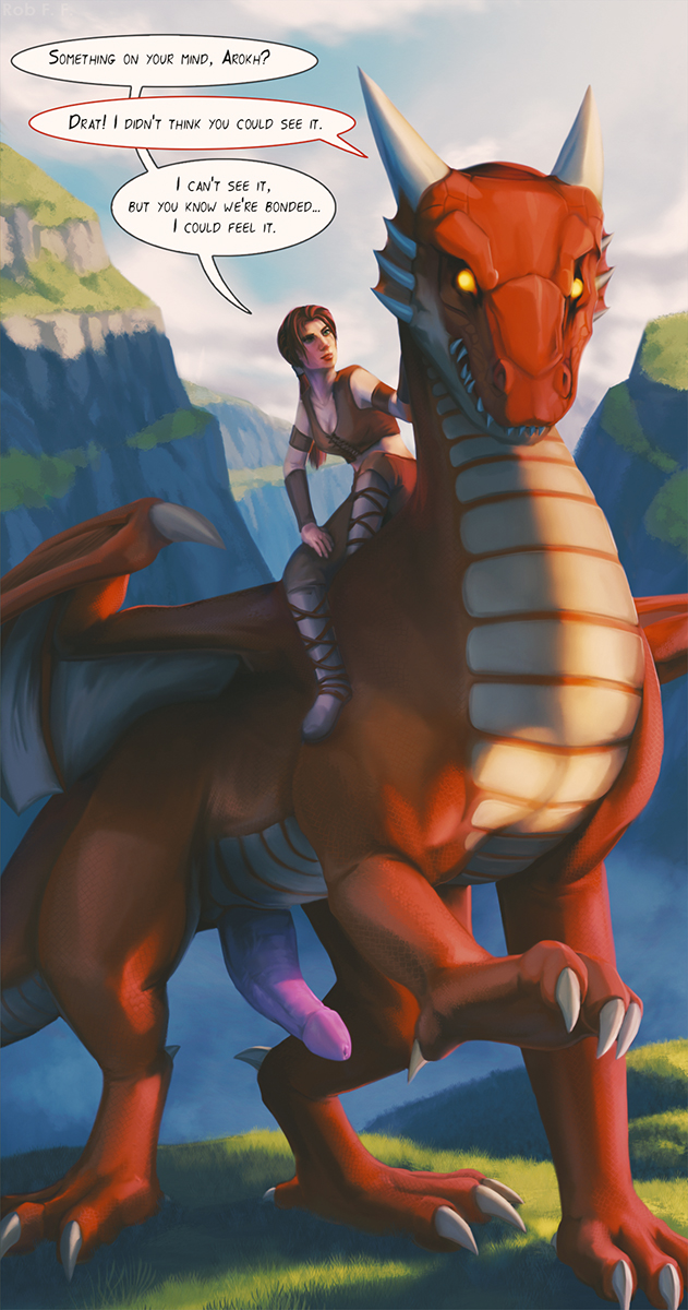 1boy 1girls arokh_(drakan) brown_clothing brown_topwear claws clothing day daylight dialogue dragon drakan drakawa erection female feral grass hair hi_res humanoid_penis male mountain penis red_body red_hair red_scales riding_on_back riding_sidesaddle rynn scales topwear yellow_eyes yellow_underbelly