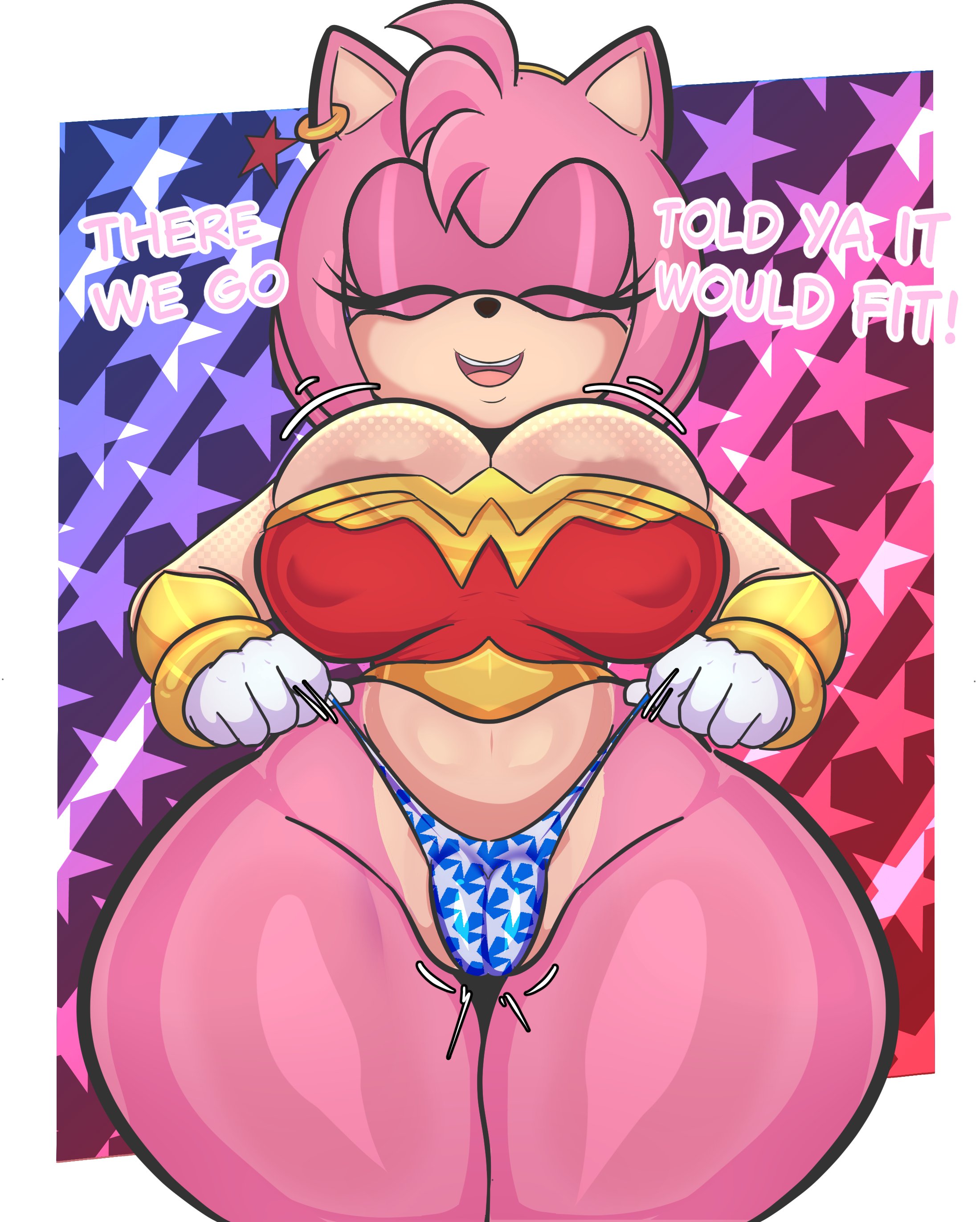 amy rose, big boobs, big breasts, big butt, big thighs, clothing, illustratorfake, smile, smiley face, sonic (series), sonic the hedgehog (series), tight clothes, tight clothing, tight fitting clothing, wonder woman, wonder woman (series)