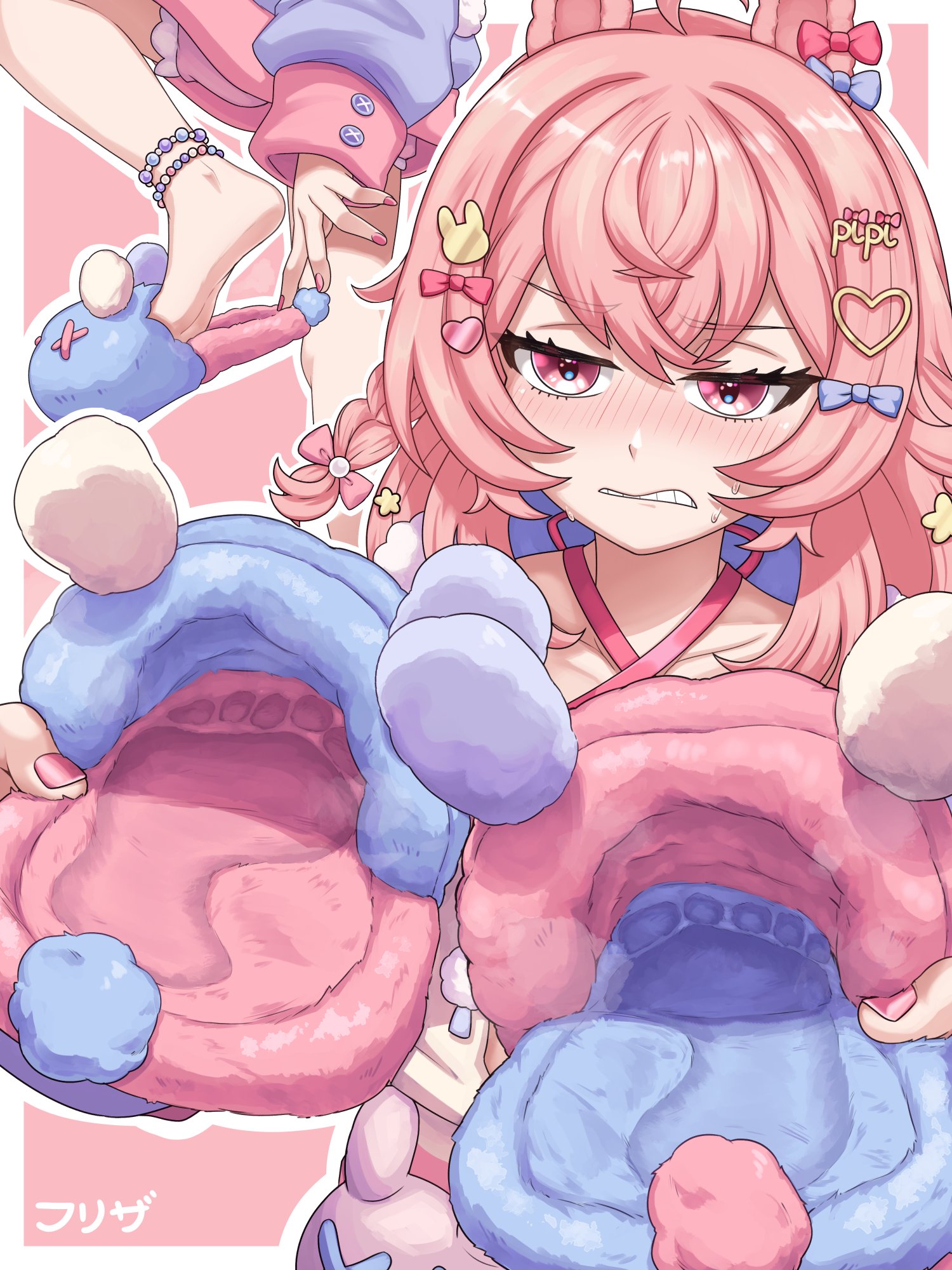 1girls, ahoge, animal ears, anklets, annoyed, blush, blushing, braided hair, bunny girl, bunny humanoid, chest strap, coat, disappointed, disappointed look, ear accessory, eyebrows, eyelashes, feet, feet fetish, feet focus, female, female focus, fetish, fingernails, foot, foot fetish, footprint, footprint on sandals, footwear, footwear fetish, footwear removed, freezer (frzr/efreezerarts), frilly clothing, hair accessory, hair between eyes, hair intakes, hair vents, holding object, holding shoes, kemonomimi, lagomorph, lagomorph humanoid, lifted leg, light skin, light-skinned female, long hair, long sleeves, painted nails, phase connect, phase origins, pink eyes, pink hair, pipkin pippa, presenting, ribbons, shorts, simple background, slippers, smell, smell fetish, smelly shoes, soles, solo, solo focus, sweater, virtual youtuber