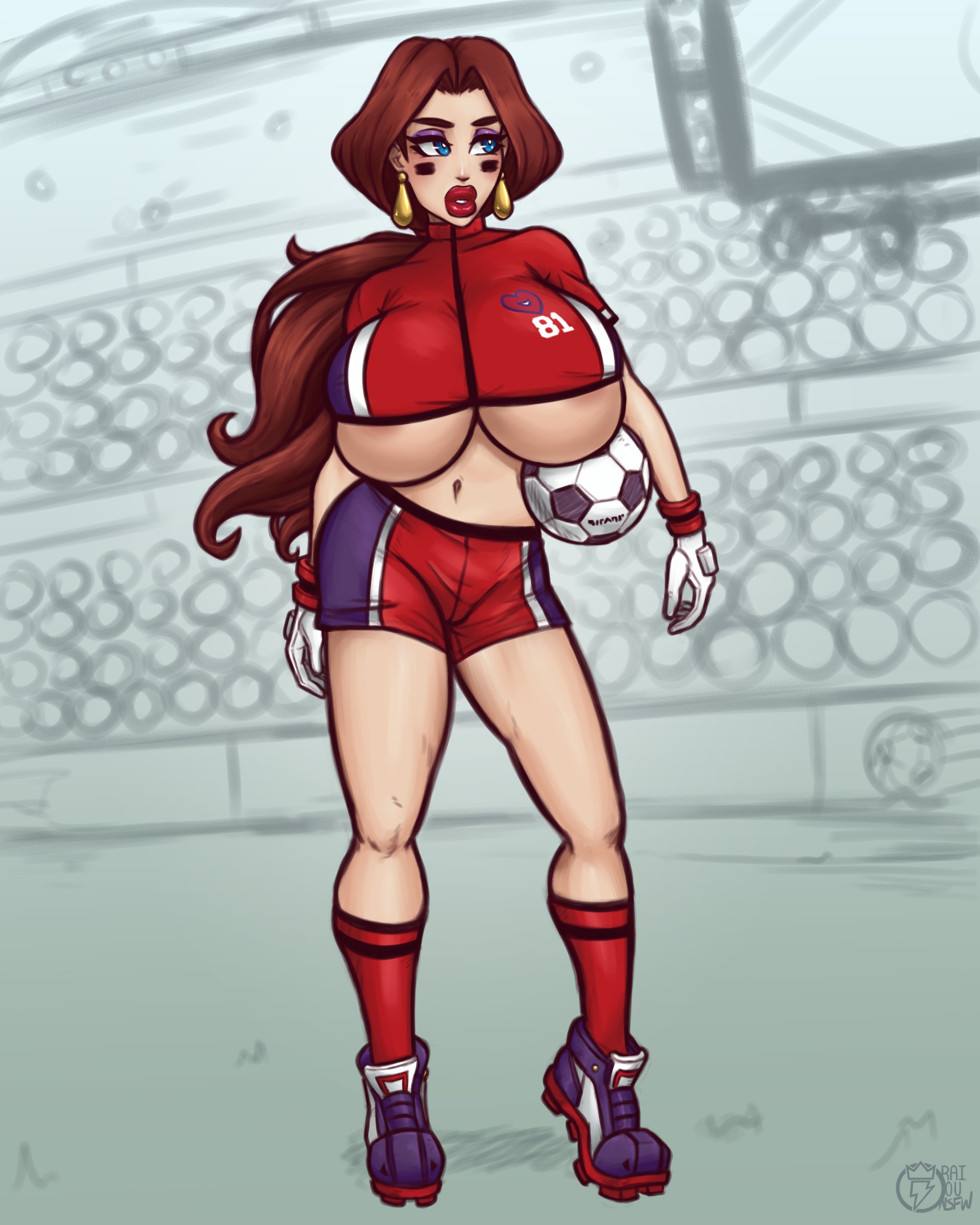 1girls, 2020, 2020s, alternate breast size, alternate version available, areola slip, audience, ball (object), big breasts, big lips, blue eyes, blush, breasts, brown hair, cleats, cleavage, clothed, clothing, curvy, earrings, eyeshadow, facepaint, female, female only, gloves, gold jewelry, highres, huge breasts, large breasts, light skin, light-skinned female, lips, lipstick, long hair, looking away, looking to the side, mario (series), mario strikers, midriff, nintendo, pale skin, pale-skinned female, pauline, raiounsfw, red lipstick, red socks, shirt, shoes, short shirt, short sleeves, shorts, soccer ball, soccer field, soccer shoes, soccer uniform, socks, solo, solo focus, sport shorts, super mario bros., teardrop earrings, teeth, thick, thick eyebrows, thick lips, thick thighs, thighs, tombo, tomboy, underboob, wide hips