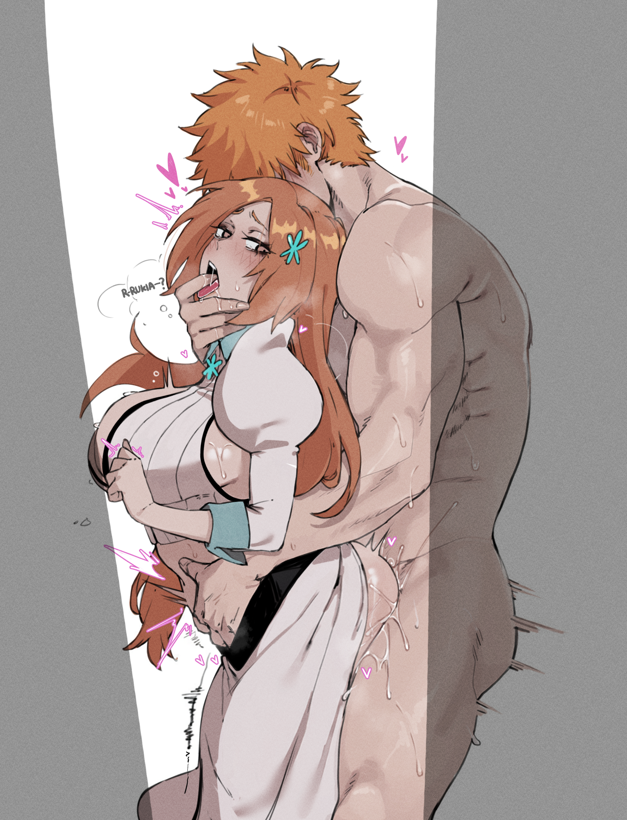 1boy, 1girls, 2026, 2d, 2d artwork, ass, backshots, belly grab, big ass, big breasts, bleach, bleach: the thousand-year blood war, blush, boobs, breasts, brown eyes, cleavage, couple, female, finger in mouth, hair ornament, hi res, highres, ichigo kurosaki, inoue orihime, large breasts, light skin, light-skinned female, long hair, looking at another, looking pleasured, male, masoq095, muscular, muscular male, orange hair, orihime inoue, romantic, romantic couple, saliva, saliva string, saliva trail, sex, sex from behind, shadow, short hair, sweat, sweaty, tongue, tongue out, white background