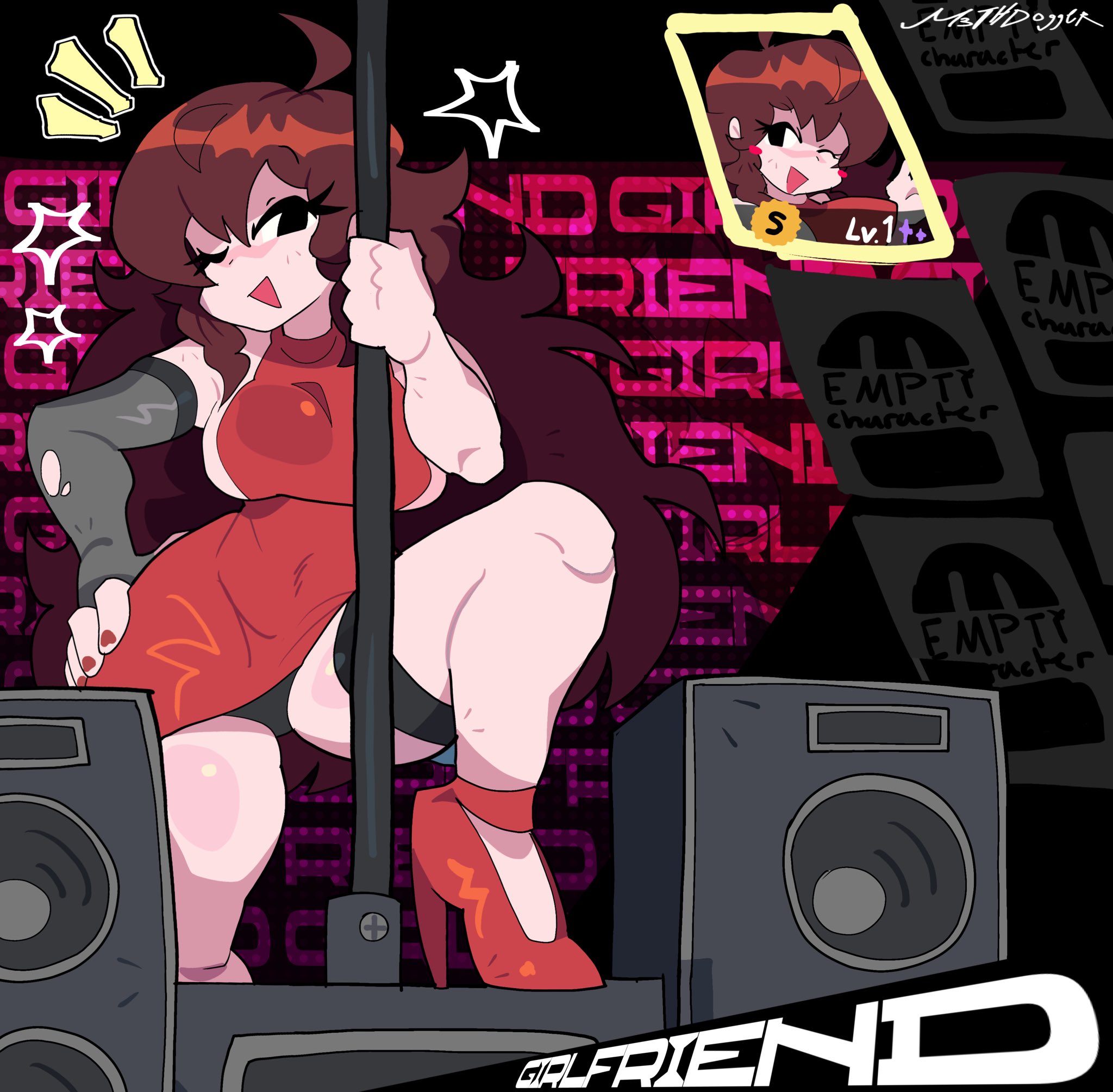 1girl, auburn hair, big breasts, black panties, black underwear, boombox, breasts, brown hair, dress, female, female focus, female only, friday night funkin, girlfriend (friday night funkin), gloves, hand on hip, heels, long hair, looking at viewer, mouth open, nail polish, newgrounds, one eye closed, panties, pole, red dress, red nails, sideboob, slim waist, solo, solo female, solo focus, text, thick thighs, thighlet, thighs, tight dress, underwear, zenless zone zero