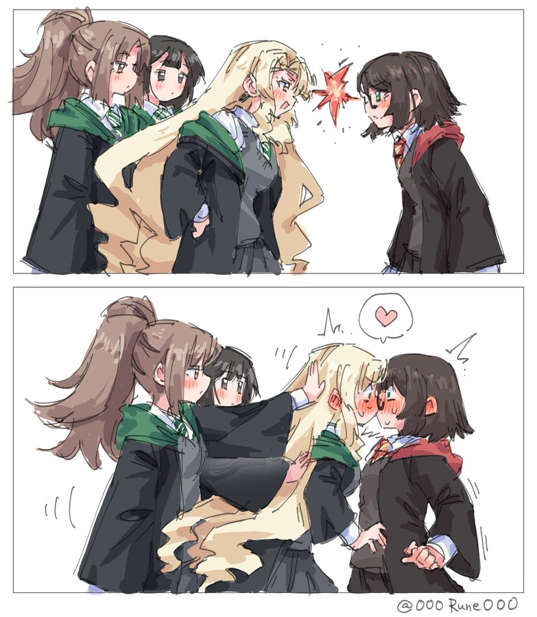 4girls, draco malfoy, draco malfoy (redteneri), genderswap, harry james potter, harry potter, kissing, lesbian, rule 63, yuri
