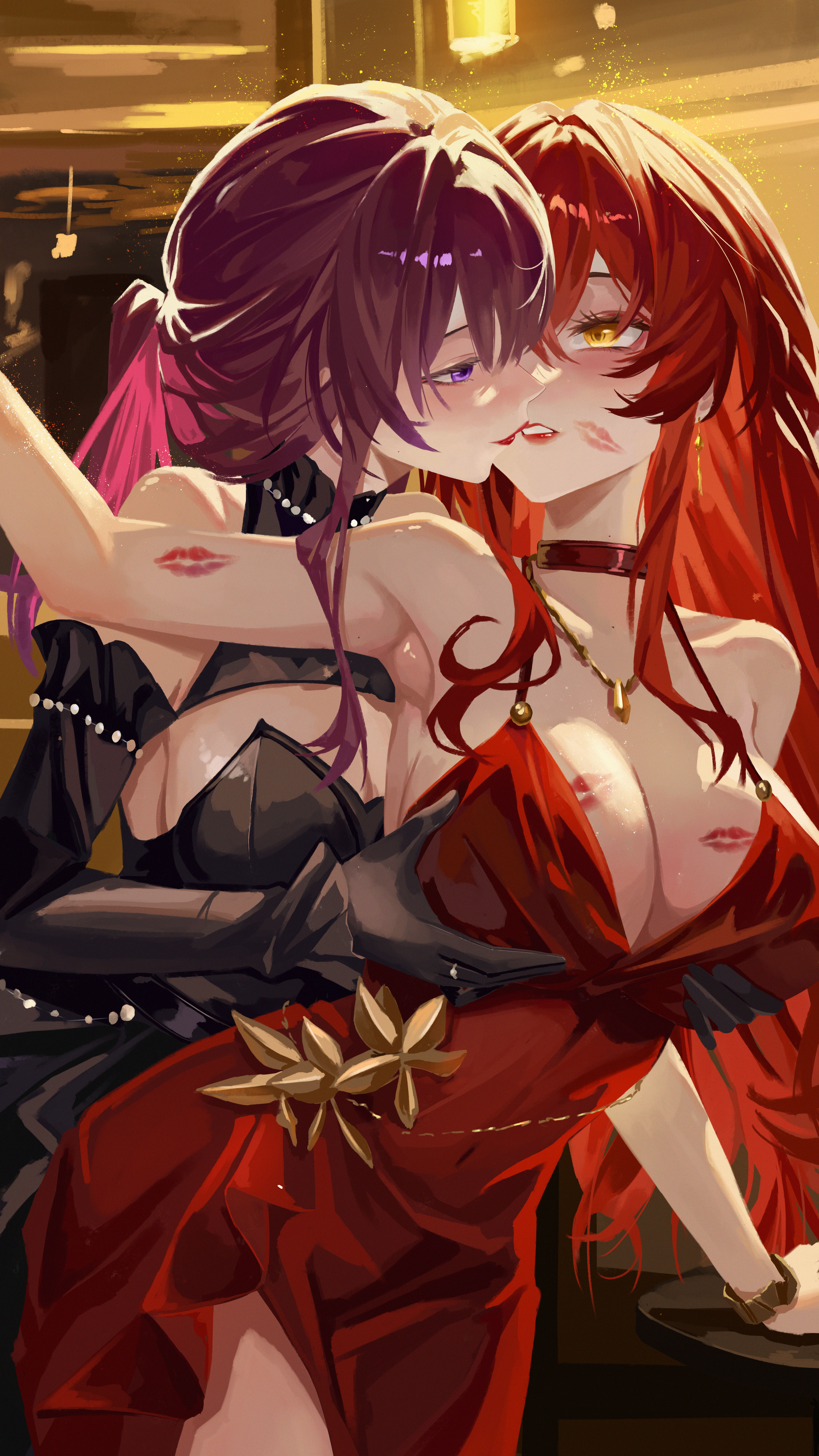 2girls, absurdres, after kiss, arm support, armpits, artist request, big breasts, black dress, black gloves, black shrug, black sleeves, blush, breasts, choker, commentary request, covered navel, cowboy shot, detached sleeves, dress, eye contact, female, female focus, female only, front-to-back, gloves, grabbing another's breast, grabbing from behind, groping, hand up, highres, himeko (honkai: star rail), hips, hips wider than shoulders, honkai (series), honkai: star rail, huge breasts, imminent sex, inner sideboob, jewelry, kafka (honkai: star rail), large breasts, lipstick mark, long hair, long sleeves, looking at another, multiple girls, necklace, orange eyes, parted lips, ponytail, purple eyes, purple hair, red choker, red dress, red hair, red lips, shrug (clothing), side slit, sideboob, sleeveless, sleeveless dress, sleeveless shrug, sparkle, standing, straight hair, strapless, strapless dress, thick thighs, thighs, very long hair, yuri
