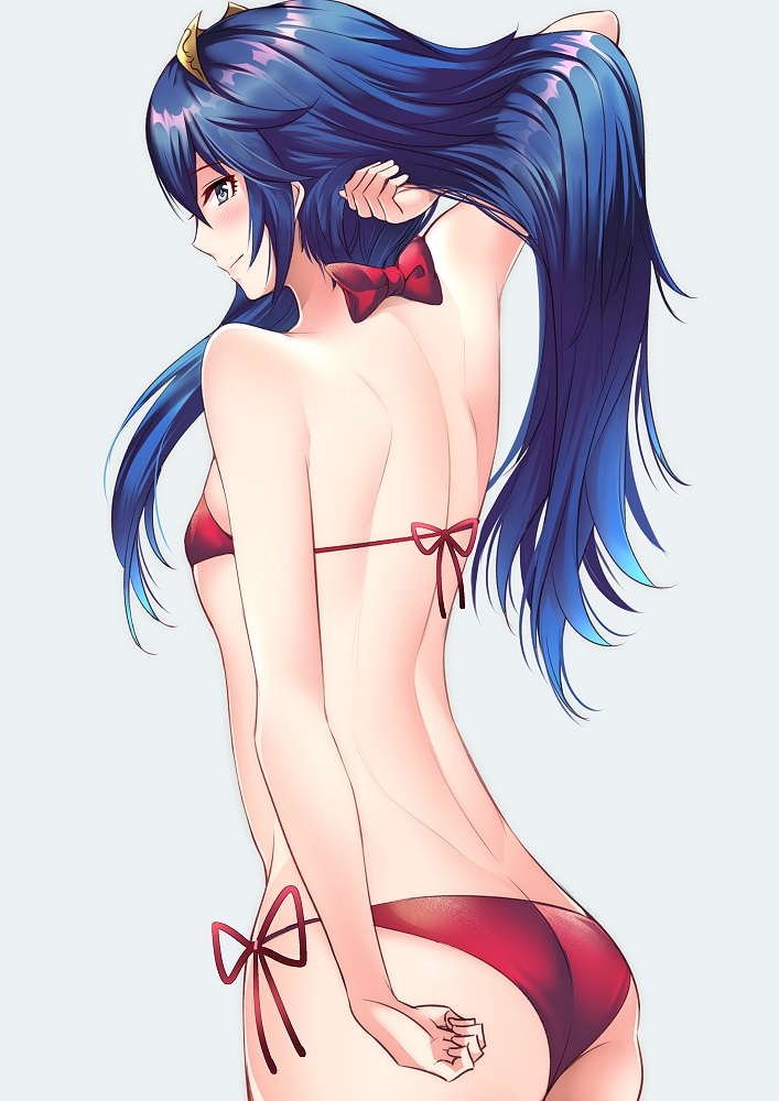 adjusting_hair ameno_(a_meno0) ass back back_view bare_back bikini blue_eyes blue_hair blush breasts female fire_emblem fire_emblem_awakening long_hair looking_at_viewer looking_back lucina_(fire_emblem) micro_bikini nintendo red_bikini red_neckwear red_swimsuit simple_background small_breasts solo swimsuit tiara