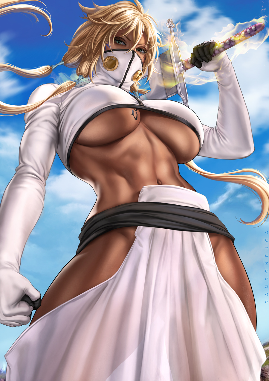 1girls, abs, big breasts, bleach, blonde hair, breasts, cleavage, clothed, clothing, dandon fuga, dark skin, dark-skinned female, female, female only, gloves, green eyes, hakama, large breasts, long sleeves, looking at viewer, looking down, low-angle view, muscles, muscular, muscular female, navel, see-through clothing, solo, sword, tattoo, tia harribel, tied hair, underboob, weapon