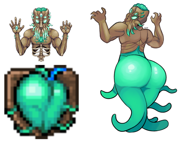 ambiguous_gender ass big_ass butt cthulhu_mythos dat_ass fingers green_eyes green_skin imminent_mental_illness looking_at_viewer looking_back moon_lord muscular no nude simple_background sleakerj3 solo tagme tentacles terraria thighs video_games wide_hips