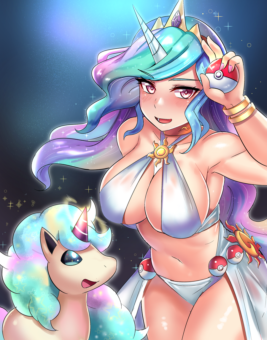 1girls belly blue_hair bocas_top bracelet crossover curvy female friendship_is_magic galarian_ponyta horn huge_breasts iojknmiojknm multicolored_hair my_little_pony navel pink_hair pokeball pokemon ponyta princess_celestia_(mlp) purple_hair revealing_clothes skirt smooth_skin tiara