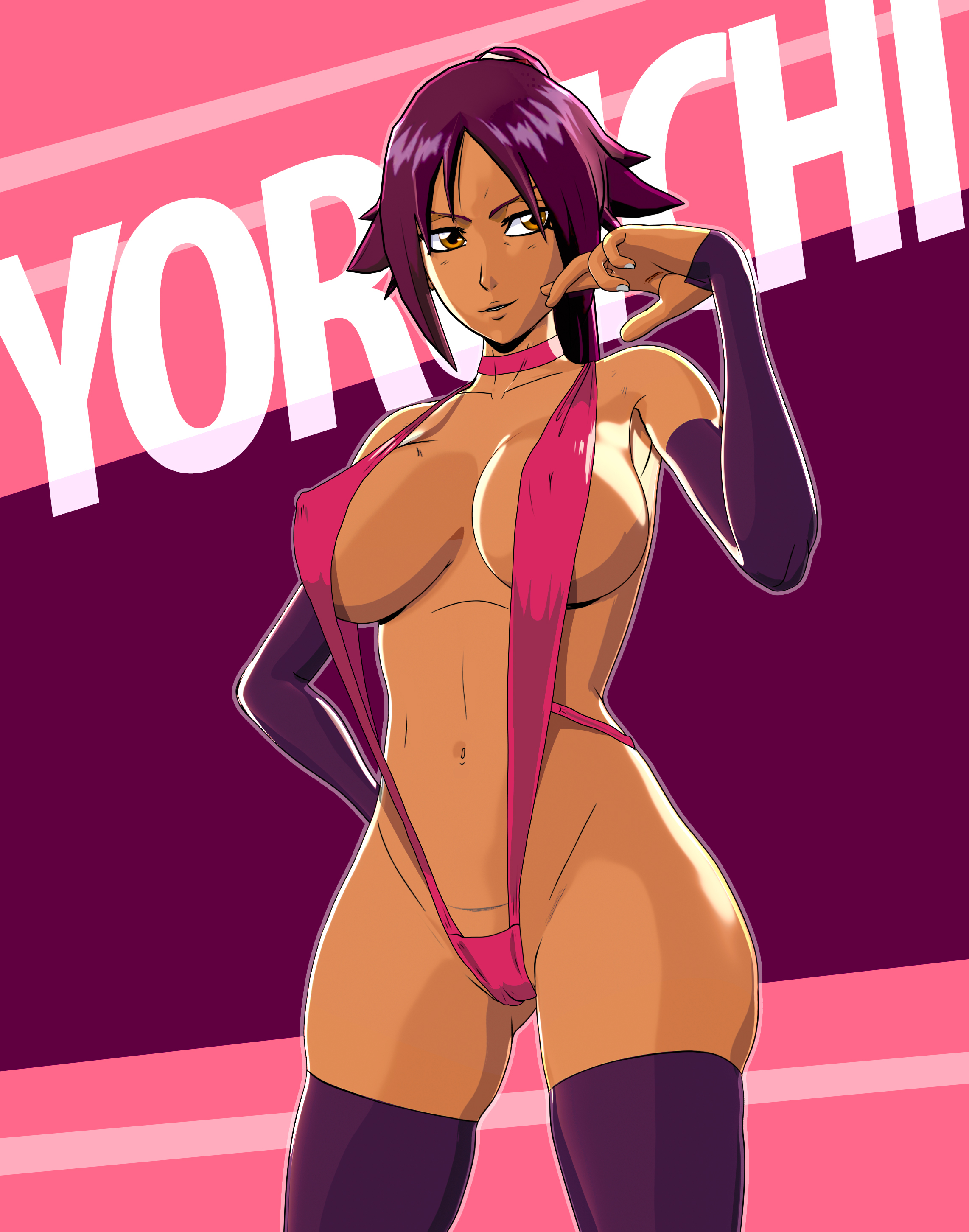 1girls, big breasts, bleach, breasts, crisisbeat, dark skin, dark-skinned female, elbow gloves, erect nipples under clothes, female, female only, long hair, micro bikini, nail polish, nipples, ponytail, purple hair, shihouin yoruichi, sling bikini, smile, solo, stocking, tied hair, wide hips, yellow eyes