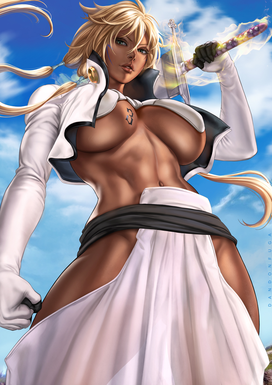 1girls, abs, big breasts, bleach, breasts, cleavage, clothed, clothing, dandon fuga, dark skin, dark-skinned female, female, female only, hakama, large breasts, looking at viewer, muscles, muscular, muscular female, solo, tia harribel