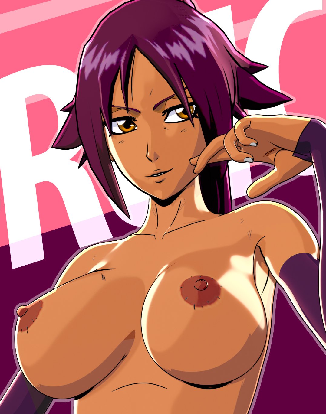 1girls, areolae, big breasts, bleach, breasts, close-up, crisisbeat, dark skin, dark-skinned female, elbow gloves, female, female only, long hair, nail polish, nipples, ponytail, purple hair, shihouin yoruichi, smile, solo, tied hair, upper body, yellow eyes