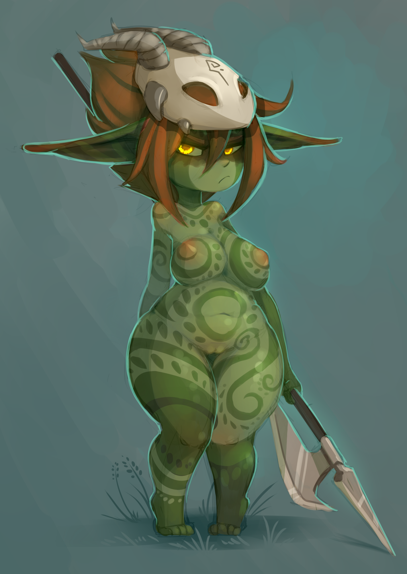 1girls, angry, bodypaint, breasts, colored skin, digital media (artwork), female, genitals, glowing, glowing eyes, goblin, goblin female, grass, green background, hair, hi res, holding object, holding weapon, huffslove, humanoid, humanoid pointy ears, markings, mask, melee weapon, nipples, nude, polearm, pussy, shortstack, simple background, solo, spear, thick thighs, toes, tribal, tribal markings, weapon, yellow eyes
