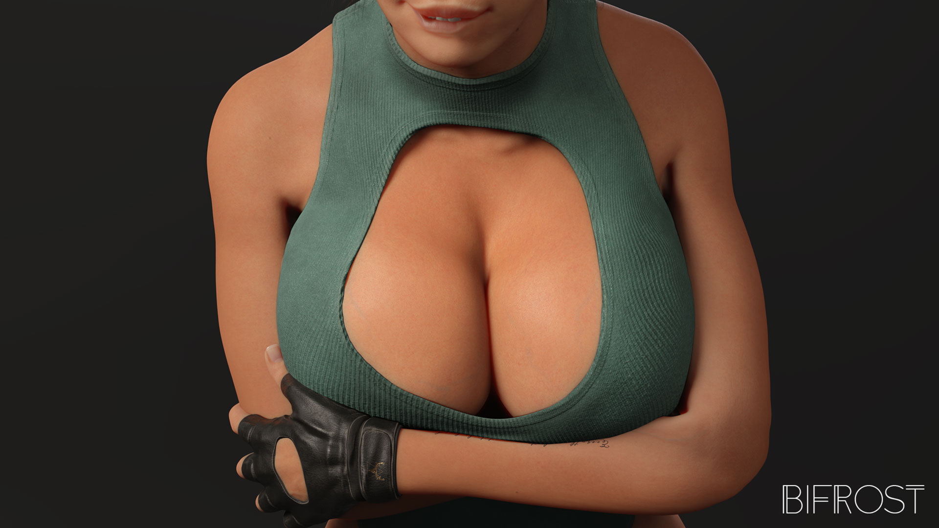 1girls, 3d, athletic, athletic female, bare shoulders, bifrost3d, biting lip, breasts, breasts too big, cleavage, cleavage cutout, curvy, female, female focus, female only, fingerless gloves, huge breasts, lara croft, lara croft (survivor), large breasts, leotard, pose, posing, solo, tight fit, tomb raider, tomb raider (survivor)