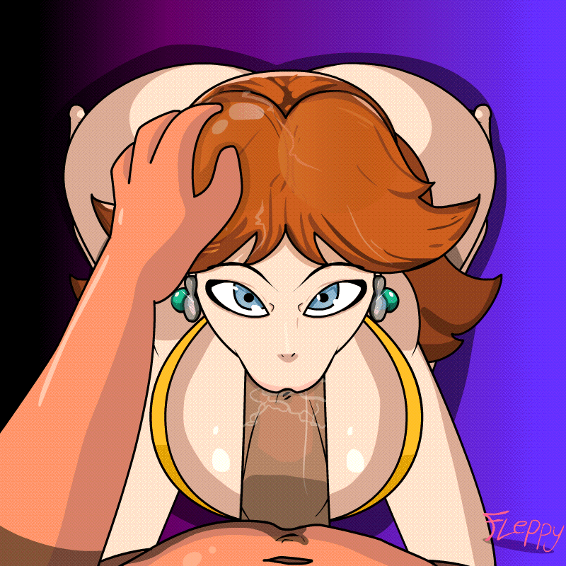 1boy, 1girls, animated, ass, bedroom eyes, big ass, big breasts, bimbo, blowjob, blue eyes, breasts, brown hair, cleavage, deepthroat, eye contact, fellatio, female, fleppyflepster, gif, hand on head, huge ass, huge breasts, male, male pov, mario (series), nintendo, on knees, oral, penis, pov, princess daisy, simple background, straight, tagme, unseen male face