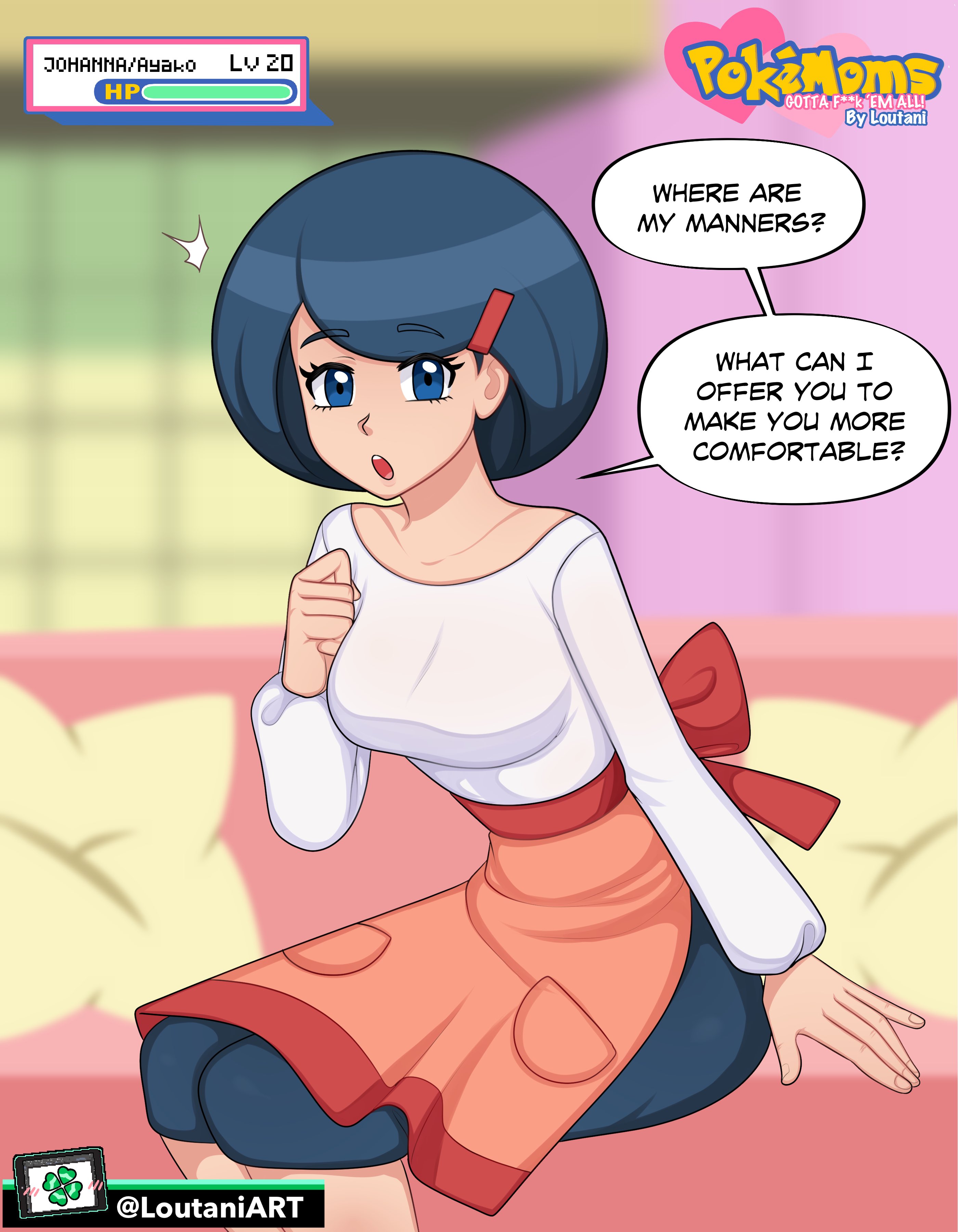 1girls, blue eyes, blue hair, breasts, english text, eye contact, female, gameplay mechanics, human, johanna (pokemon), light skin, light-skinned female, looking at viewer, loutaniart, mature, milf, mother, nintendo, pale skin, pale-skinned female, pokemon, pokemon battle, pokemon dppt, speech bubble, text, url, watermark