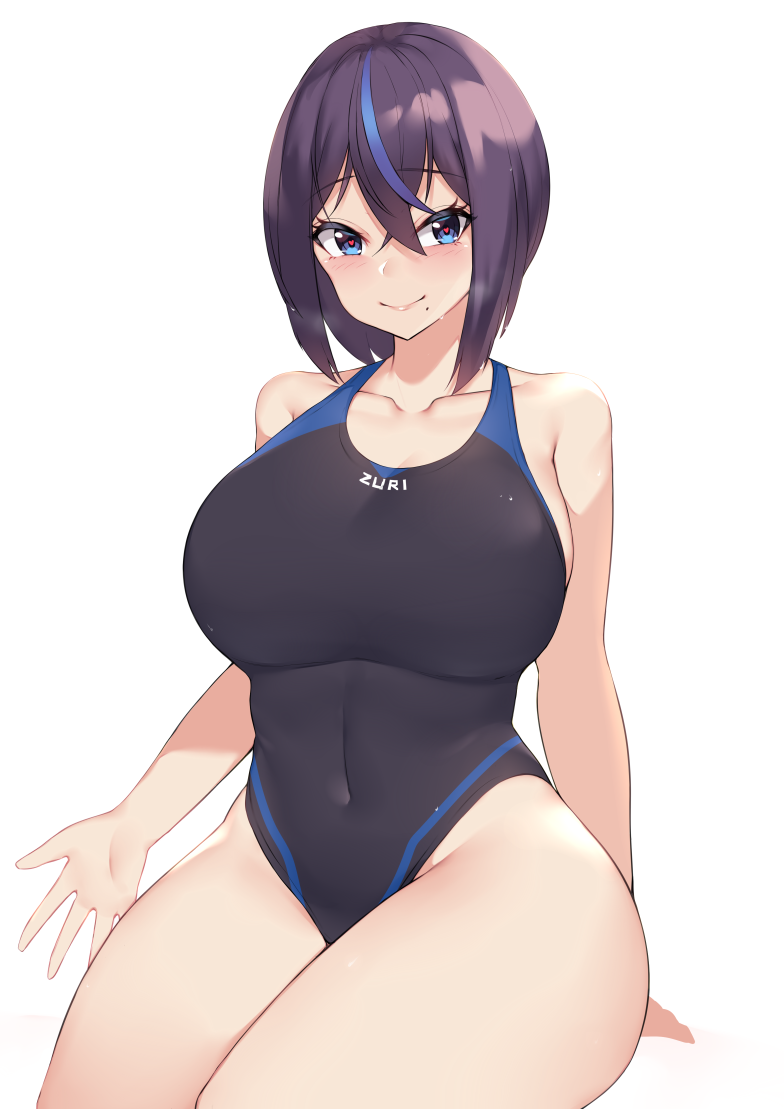 1girls beauty_mark big_breasts breasts female female_only huge_breasts kuavera large_breasts looking_at_viewer miyako_(kuavera) one-piece_swimsuit simple_background smile solo swimsuit thick_thighs voluptuous