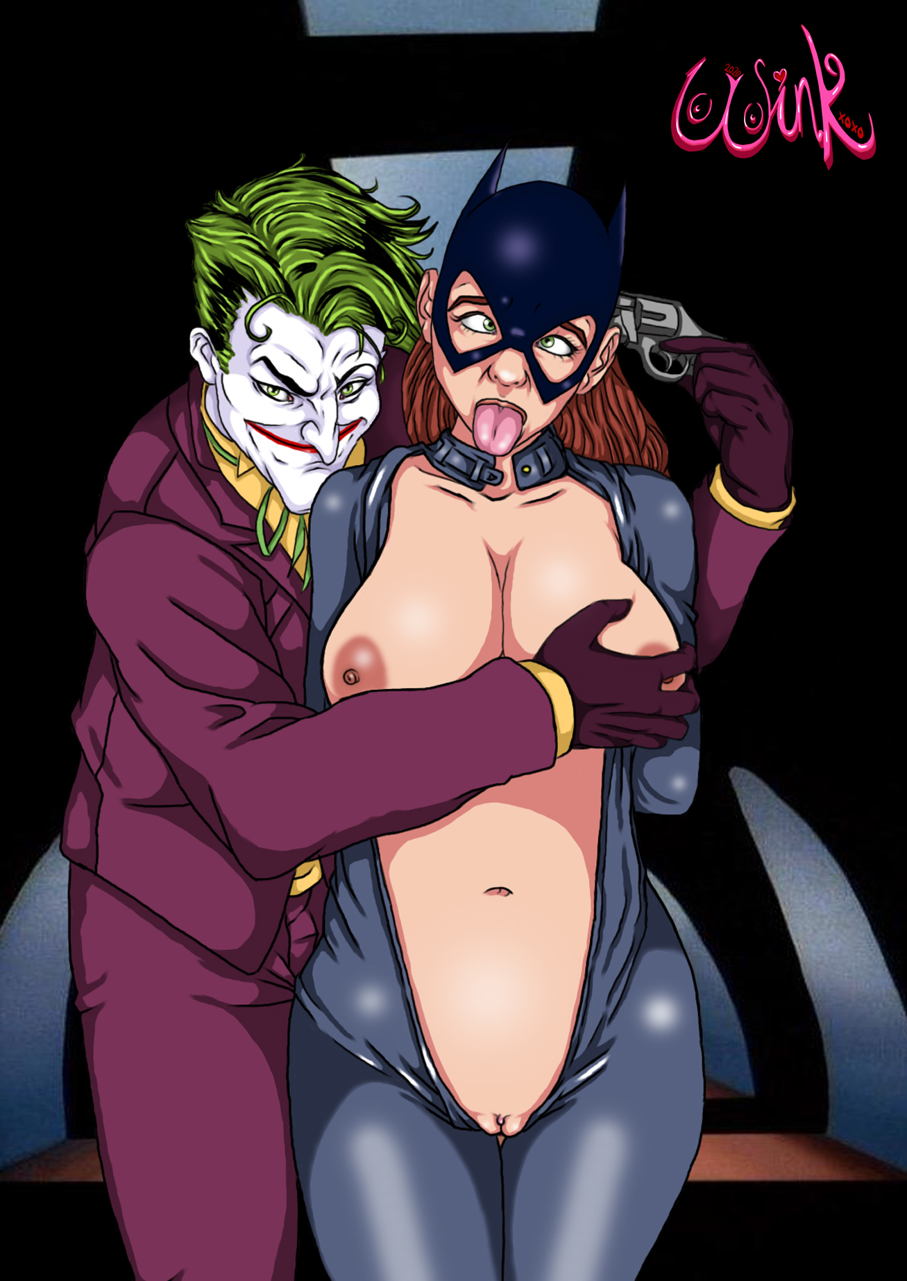 1boy, 1girls, ahe gao, barbara gordon, batgirl, batman (series), breasts, catsuit, clitoris, cross-eyed, dc, dc comics, exposed breasts, exposed pussy, female, green eyes, green hair, gun, gunpoint, hands behind back, heroine, joker, male, mask, mind break, nipples, open mouth, peril, pistol, pussy, red hair, smile, smiling, superheroine, supervillain, thewink, tongue, tongue out, unzipped, unzipped bodysuit, villain