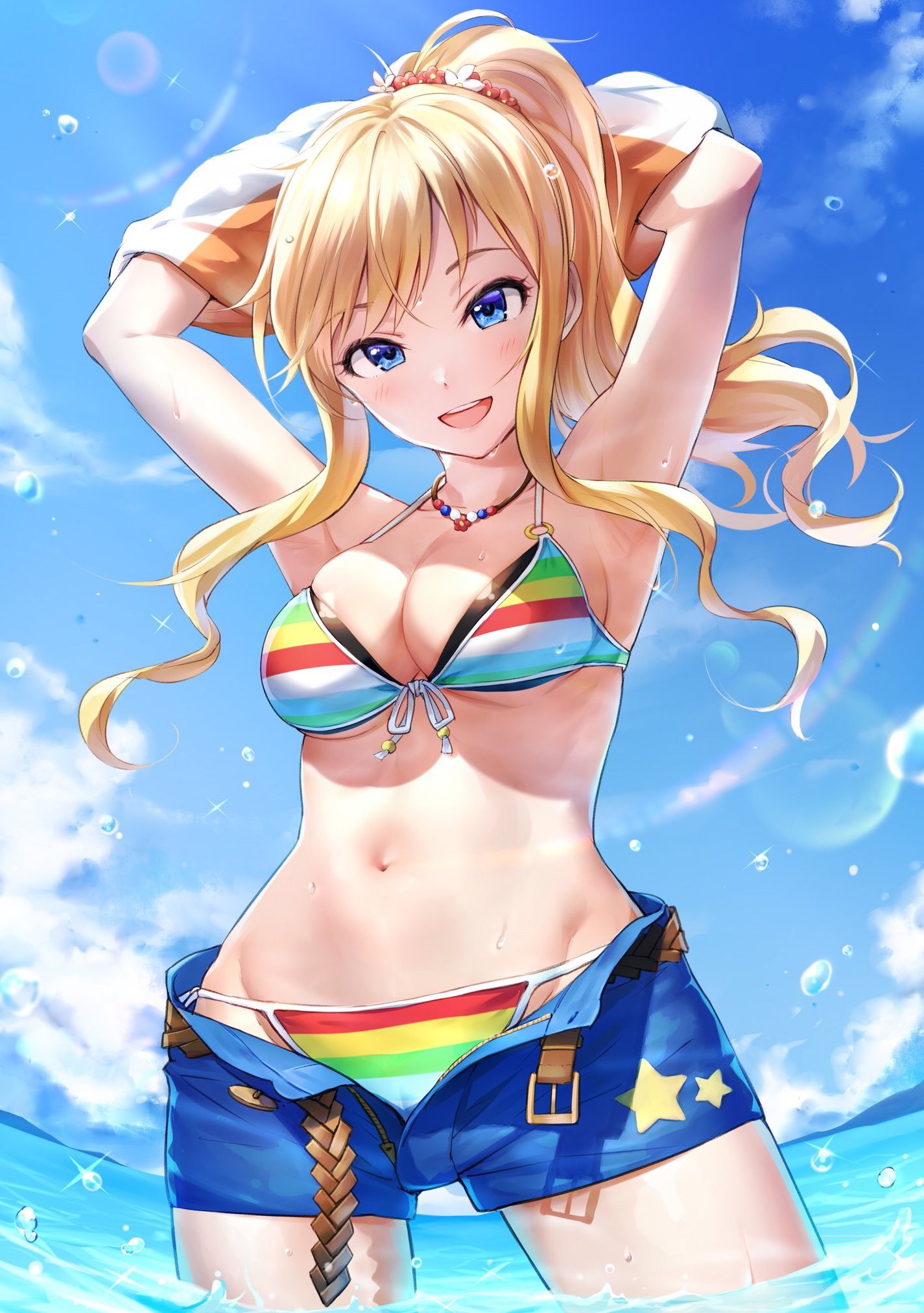 1girls 2020 2020s armpits arms_behind_head bangs bare_shoulders belt bikini bikini_bra blonde_hair blue_eyes blue_shorts blush breasts cameltoe cleavage clouds collarbone daytime denim_shorts female female_only gyaru highres idolmaster idolmaster_cinderella_girls jean_shorts kogal long_hair looking_at_viewer medium_breasts multicolored_panties navel ocean ootsuki_yui open_mouth outdoors panties ponytail seductive seductive_smile short_shorts shorts smile solo standing standing_in_water striped striped_bikini swimsuit takeashiro tomboy unzipped unzipped_shorts water water_drops wavy_hair