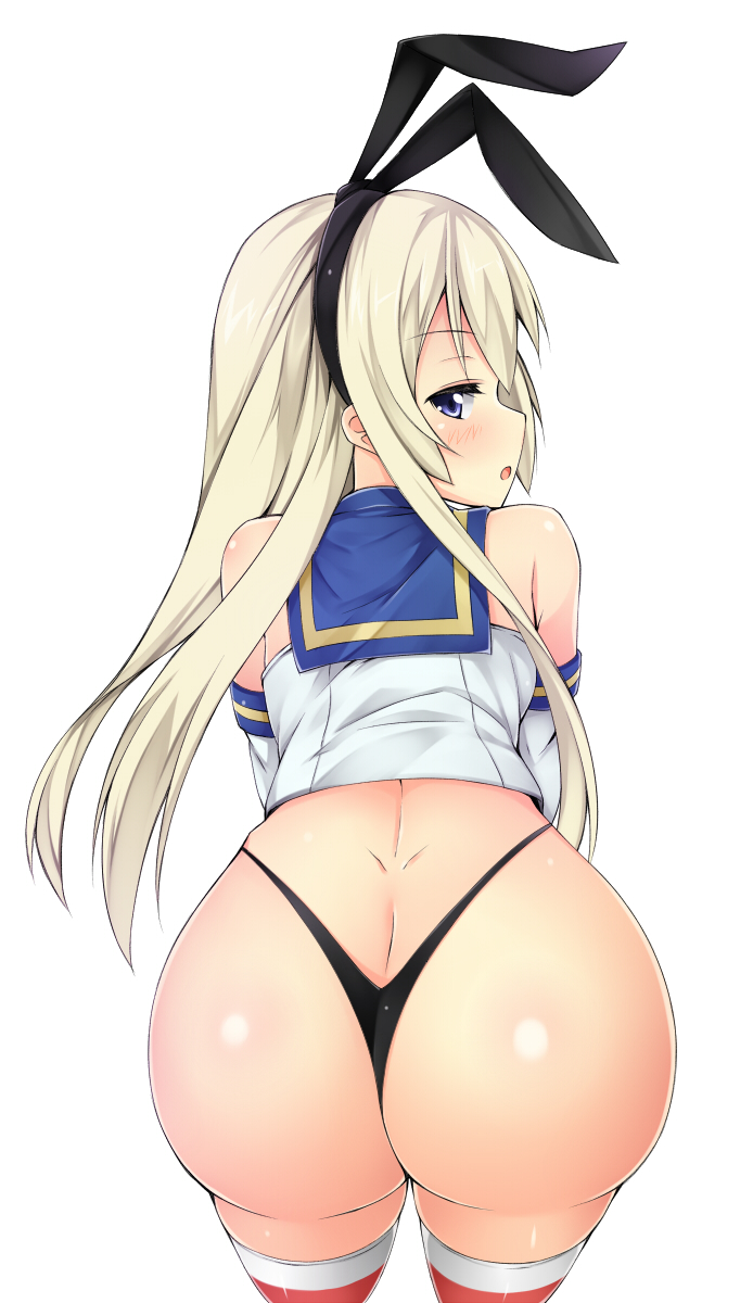 ass, ass cleavage, ass crack, bent over, big ass, blonde hair, blue eyes, bunny ears, butt crack, female, from behind, kantai collection, long hair, looking back, open mouth, presenting, rear view, sailor uniform, shimakaze (kantai collection), skimpy clothes, thong