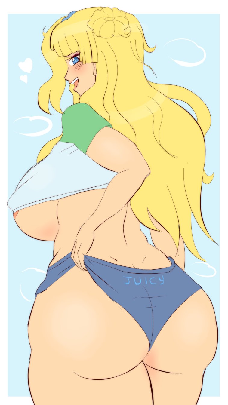 ass, ass cleavage, ass crack, big ass, blonde hair, blue eyes, breasts, butt crack, female, galko, gyaru, huge breasts, igdel, nipple slip, oshiete! galko-chan, pinup, pulling, short shorts, shorts, solo, underboob