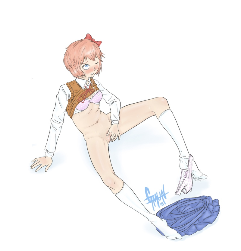 blue_eyes blush bow bra doki_doki_literature_club drooling female gmun hairbow just_sayori long_socks masturbation one_eye_closed orange_hair panties panties_around_feet partially_clothed pink_bra pink_panties pussy red_bow sayori_(doki_doki_literature_club) school_uniform schoolgirl self_fingering socks solo sweating thigh_gap thighs