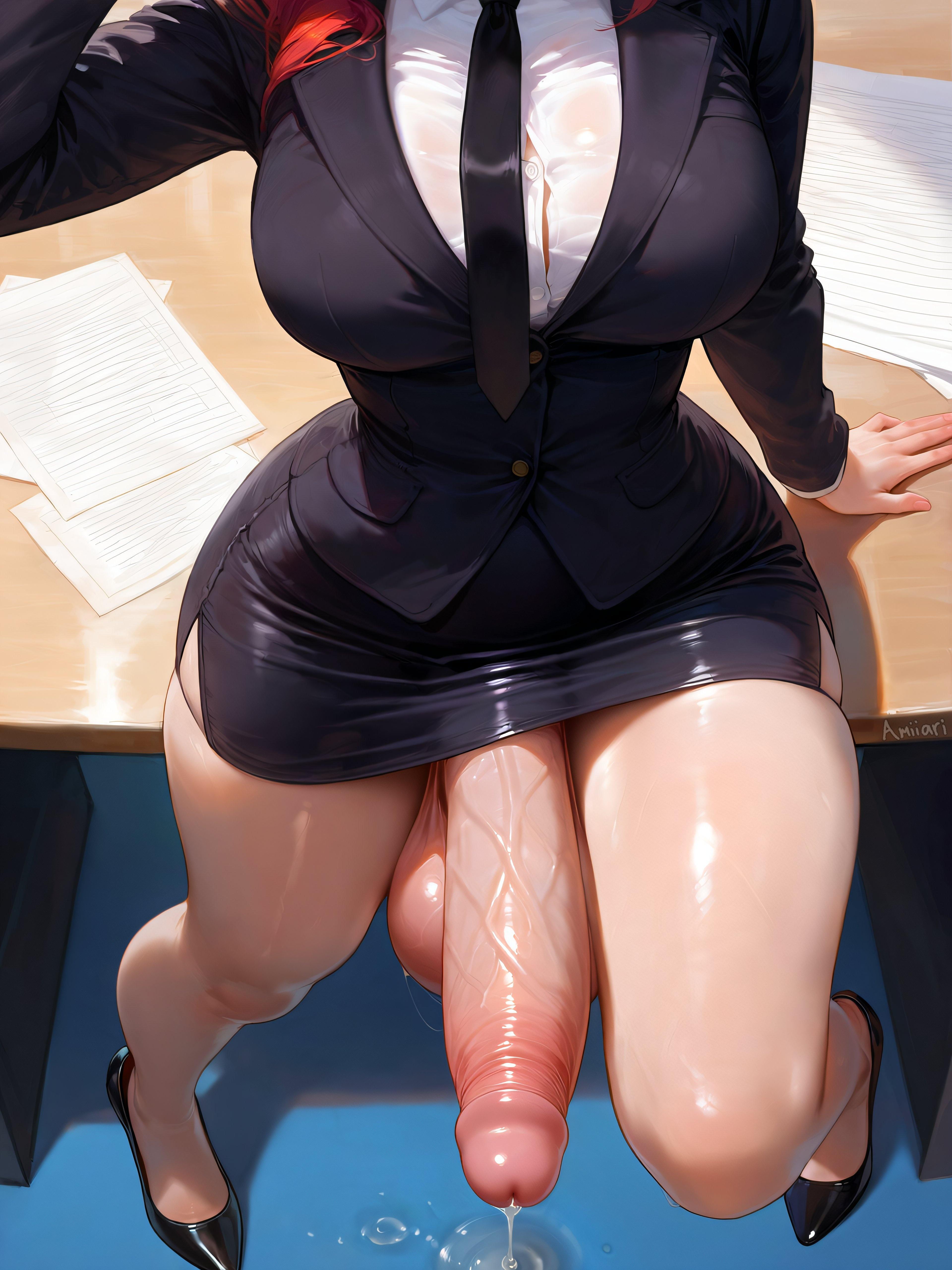 1futa, absurdres, ai generated, amiiari, arm support, bangs between eyes, big breasts, big penis, black footwear, black jacket, black necktie, black skirt, breasts, button gap, collared shirt, desk, dress shirt, dripping, dripping penis, dripping precum, erection, from above, futanari, hair between eyes, hana (amiiari), head out of frame, high heels, huge penis, huge testicles, imminent fellatio, imminent oral, jacket, large breasts, large penis, long penis, long sleeves, looking at viewer, miniskirt, office lady, on desk, original character, paper, pencil skirt, penis, pent up, precum, precum drip, precum string, red eyes, red hair, shirt, sidelocks, sitting, skindentation, skirt, solo, testicles, thick thighs, thighs, throbbing penis, uncensored, vein, veiny penis, voluptuous, white shirt