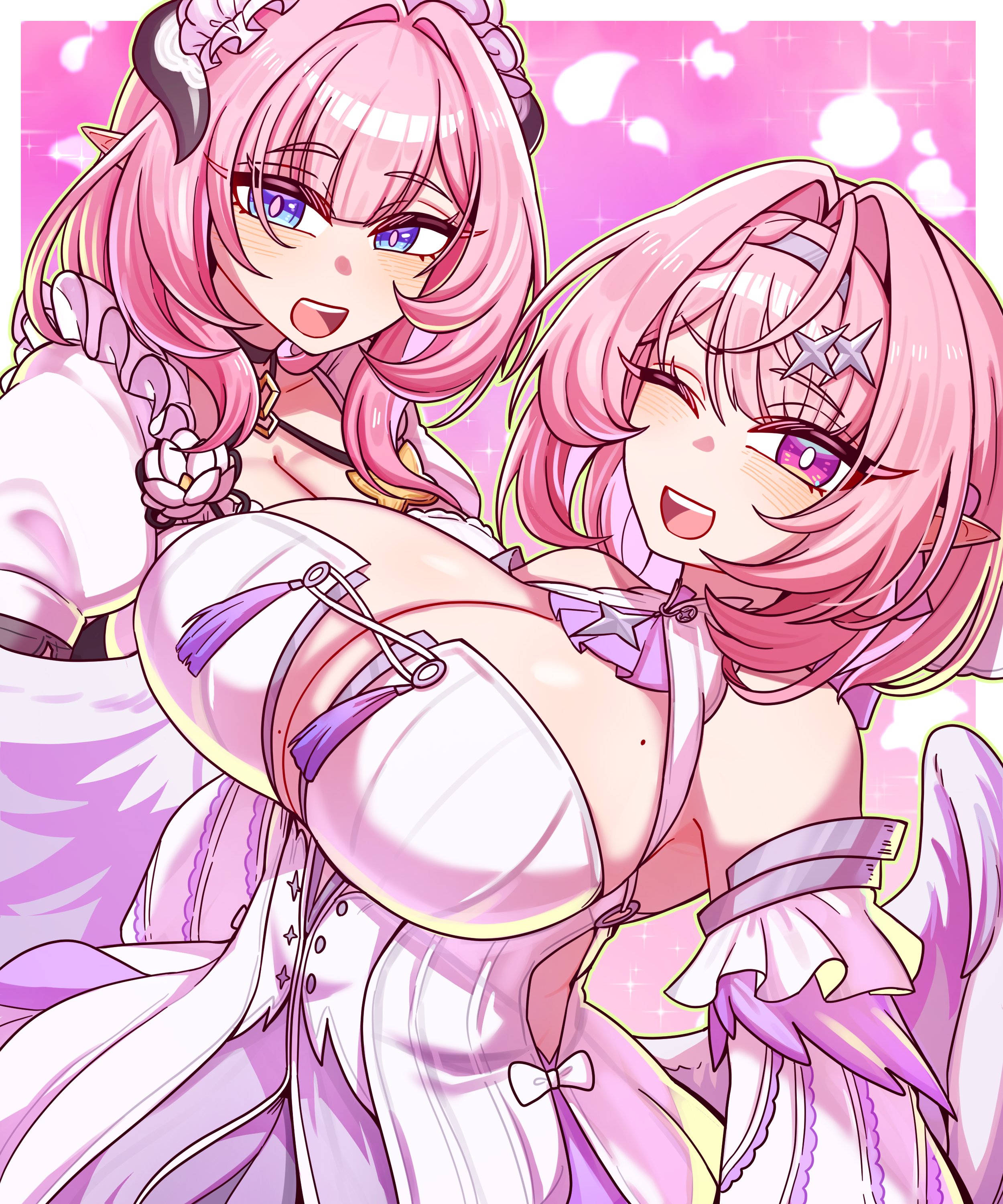 2026, 2girls, artist request, big breasts, cleavage, elysia (honkai impact), elysia (miss pink elf) (honkai impact), honkai (series), honkai impact 3rd, hoyoverse, huge breasts, pink hair, pointy ears, remielle dan, tagme, zenless zone zero