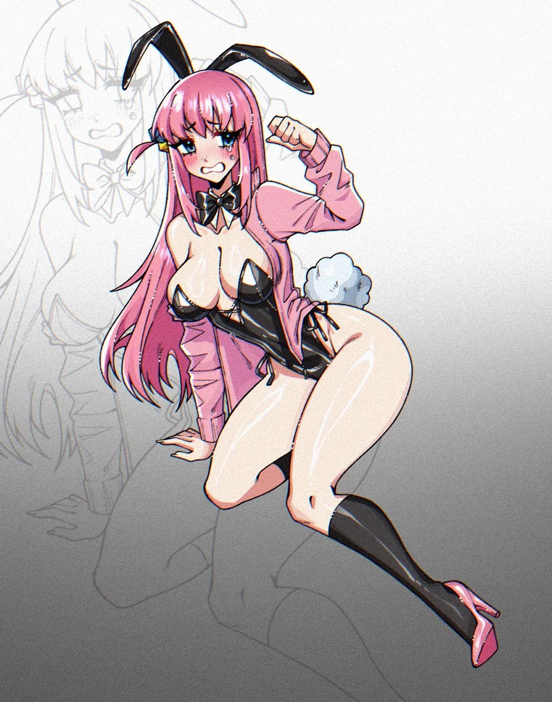 ///, 1girls, 2d, 2d (artwork), 2d artwork, anime, anime character, arm support, asian, asian female, asian girl, background, belly button, big boobs, big breasts, black bowtie, black bunny ears, black bunnysuit, black hairband, black leotard, black socks, black topwear, blue eyes, blue-eyed female, blush face, blush lines, blushing, blushing at viewer, blushing female, blushing lines, bocchi the rock!, bowtie, breasts, bunny costume, bunny ears, bunny tail, bunnygirl, bunnygirl outfit, bunnysuit, busty, busty female, busty girl, busty teen, busty teenager, calves, cleavage, cloverworks, coat, collar, collarbone, crying, crying female, crying tears, crying with eyes open, crystalsugarstars, curvaceous, curvaceous body, curvaceous female, curvaceous figure, curvaceous hips, curvy, curvy body, curvy female, curvy figure, curvy hips, curvy teen, digital, digital art, digital drawing, digital drawing (artwork), digital media, digital media (artwork), drawing, embarrassed, embarrassed expression, embarrassed female, eyebrows visible through hair, fanart, female, female focus, female only, female protagonist, fingers, flushed, flushed cheeks, flushed face, flustered, flustered female, footwear, full body, glossy breasts, glossy hair, gotou hitori, gradient background, grey background, groin, guitarist, hair ornament, high heels, high school student, hourglass figure, inframammary fold, inguinal crease, inguinal ligament, jacket, japanese, japanese female, japanese girl, knees, large boobs, large breasts, lean figure, legs, leotard, long hair, looking at viewer, manga character, multicolored background, narrow waist, navel, open coat, open jacket, pink coat, pink footwear, pink hair, pink high heels, pink jacket, pink shoes, pink-haired female, plain background, portrait, school girl, shiny breasts, shiny hair, shiny legs, shiny skin, shiny thighs, shoes, shoulders, skindentation, slender body, slender waist, slim female, slim waist, socks, solo, tear, tearing up, tears, tears in eyes, teary eyes, teen girl, teenage female, teenage girl, teenage tits, teenager, thick thighs, thighs, topwear, two-tone background, white background, white collar, wide hips, young female, young woman