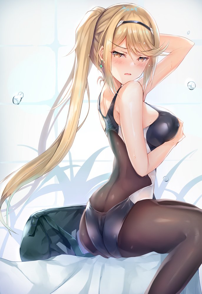 arm_up ass bangs blonde_hair blush breasts competition_swimsuit earrings female gem hand_on_own_chest headpiece hikari_(xenoblade_2) hinot inoue_takuya_(pixiv_99697) jewelry large_breasts latex long_hair looking_at_viewer lying mythra nintendo one-piece_swimsuit pantyhose pantyhose_under_swimsuit ponytail shadow solo swept_bangs swimsuit thigh_strap tiara wet xenoblade_(series) xenoblade_chronicles_2 yellow_eyes