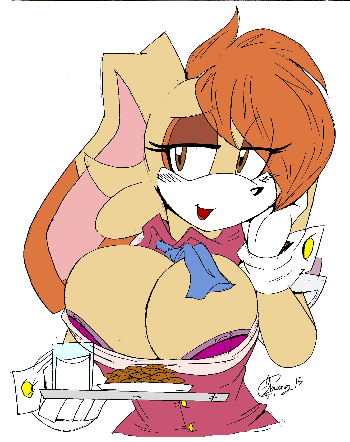 akatsukishiranui-fox, anthro, big breasts, blush, bra, breasts, brown eyes, bursting breasts, clothing, cookies, dress, emperorzheng, eyelashes, female, female only, gloves, huge breasts, lagomorph, large breasts, long ears, milf, milk, mother, orange hair, rabbit, sega, shy, sonic (series), sonic the hedgehog (series), top heavy, vanilla the rabbit