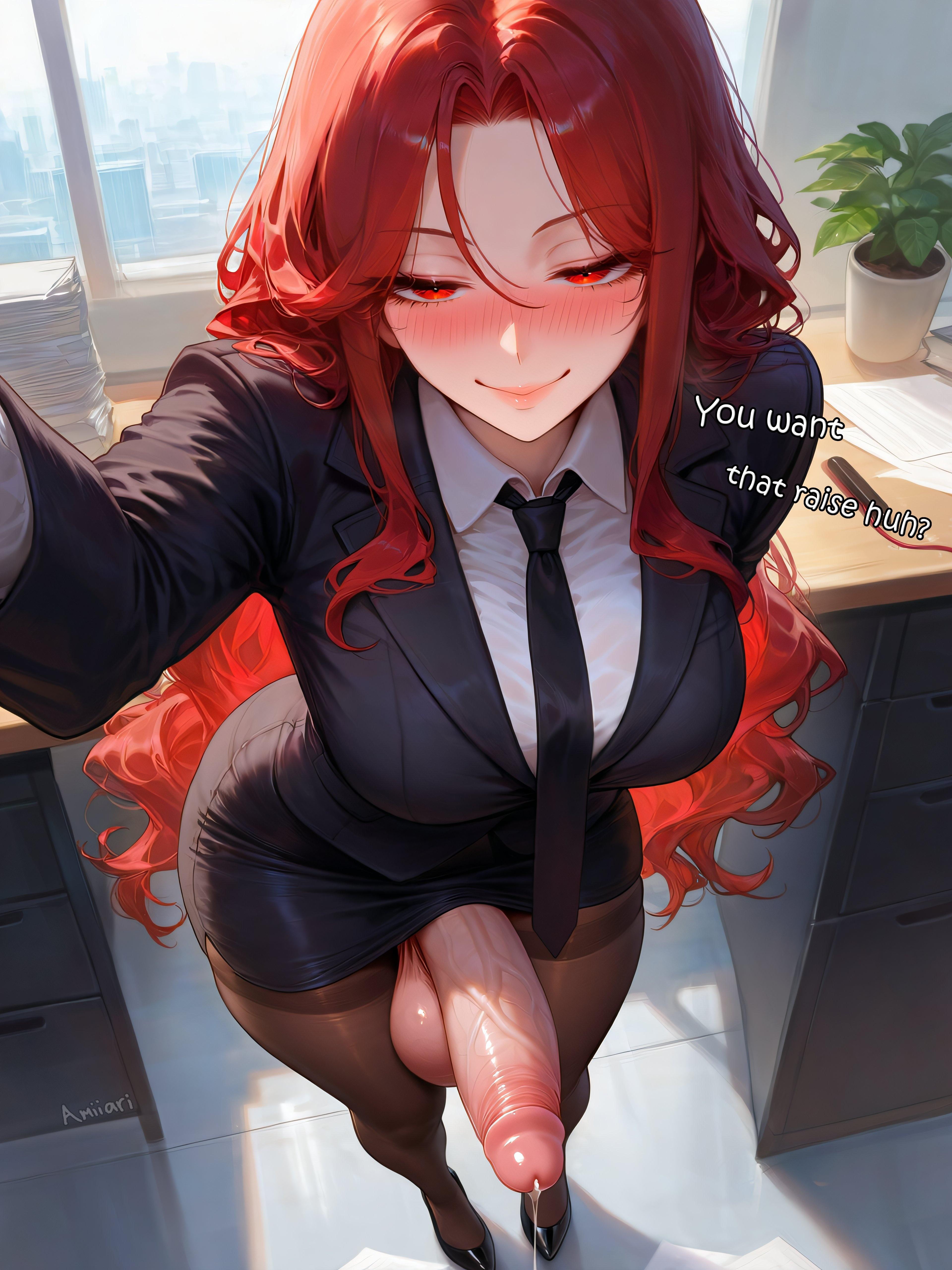 1futa, absurdres, ai generated, amiiari, bangs between eyes, big penis, black jacket, black necktie, black skirt, blush, boss, breasts, closed mouth, collared shirt, desk, dripping, dripping penis, dripping precum, english text, futanari, hair between eyes, hana (amiiari), holding viewer, huge penis, indoors, jacket, large penis, long penis, long sleeves, looking at viewer, medium breasts, miniskirt, office, office lady, original character, pantyhose, paper, pencil skirt, penis, precum, precum drip, precum string, red eyes, red hair, shirt, sidelocks, skirt, smile, solo, suit, testicles, thick thighs, uncensored, vein, veiny penis, white shirt