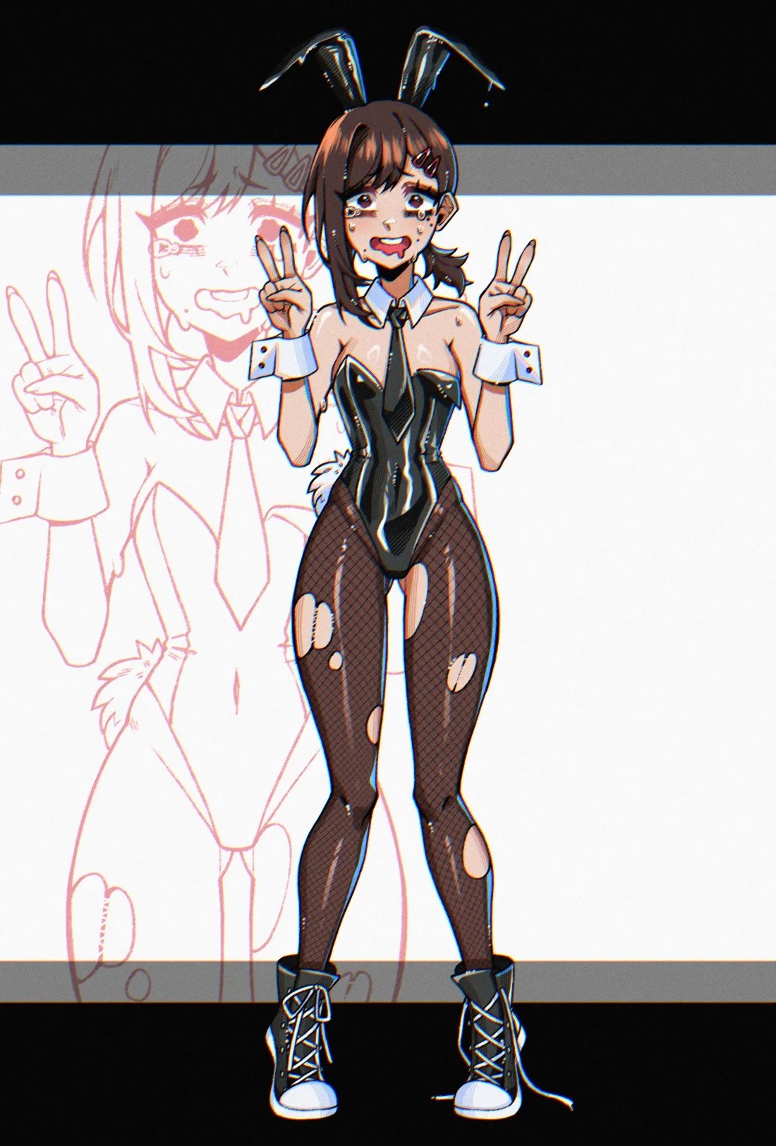 1girls, 2026, 2d, 2d (artwork), 2d artwork, adult, adult female, anime, anime character, asian, asian female, asian girl, asian woman, background, belly button, black background, black bunny ears, black bunnysuit, black clothing, black footwear, black hairband, black leotard, black necktie, black shoes, black topwear, breasts, brown eyes, brown hair, brown legwear, brown pantyhose, brown tights, brown-eyed female, brown-haired female, bunny costume, bunny ears, bunny tail, bunnygirl, bunnygirl outfit, bunnysuit, calves, chainsaw man, collar, collarbone, converse, converse shoes, crystalsugarstars, curvaceous, curvaceous body, curvaceous female, curvaceous figure, curvaceous hips, curvy, curvy body, curvy female, curvy figure, curvy hips, digital, digital art, digital drawing, digital drawing (artwork), digital media, digital media (artwork), double peace sign, double v sign, drawing, elbows, fanart, female, female focus, female only, fingernails, fingers, footwear, full body, glossy breasts, glossy hair, groin, hair clip, hair clips, hairclip, hairclips, higashiyama kobeni, hourglass figure, inguinal crease, inguinal ligament, japanese, japanese female, japanese girl, japanese woman, knees, kobeni higashiyama, lean figure, legs, legwear, leotard, long hair, looking at viewer, manga character, mappa, mature, mature female, mole, mole on body, mole on cheek, mole on face, mole under eye, mole under mouth, narrow waist, navel, necktie, nervous, nervous expression, nervous face, nervous female, nervous smile, open mouth, open mouth smile, pantyhose, parted lips, peace sign, petite, petite body, petite breasts, petite female, petite girl, petite tits, plain background, portrait, ripped legwear, ripped pantyhose, ripped tights, shiny breasts, shiny clothes, shiny hair, shiny legs, shiny skin, shiny thighs, shoes, shonen jump, shoulders, shueisha, shy, shy expression, shy female, shy girl, shy smile, sign, slender body, slender waist, slim female, slim waist, small boobs, small breasts, small tits, smile, smiley face, smiling, smiling at viewer, sneakers, solid color background, solo, standing, sweat, sweat on body, sweat on breasts, sweat on face, sweatdrop, sweating, sweaty, sweaty body, sweaty breasts, sweaty chest, sweaty face, sweaty female, sweaty skin, thigh gap, thighs, tight clothing, tights, tiny breasts, tiny tits, tongue, topwear, torn legwear, torn pantyhose, torn tights, two-tone background, untied shoelaces, upper teeth, v, v sign, weekly shonen jump, white background, white collar, white pupils, white wrist cuffs, wide hips, wrist cuffs