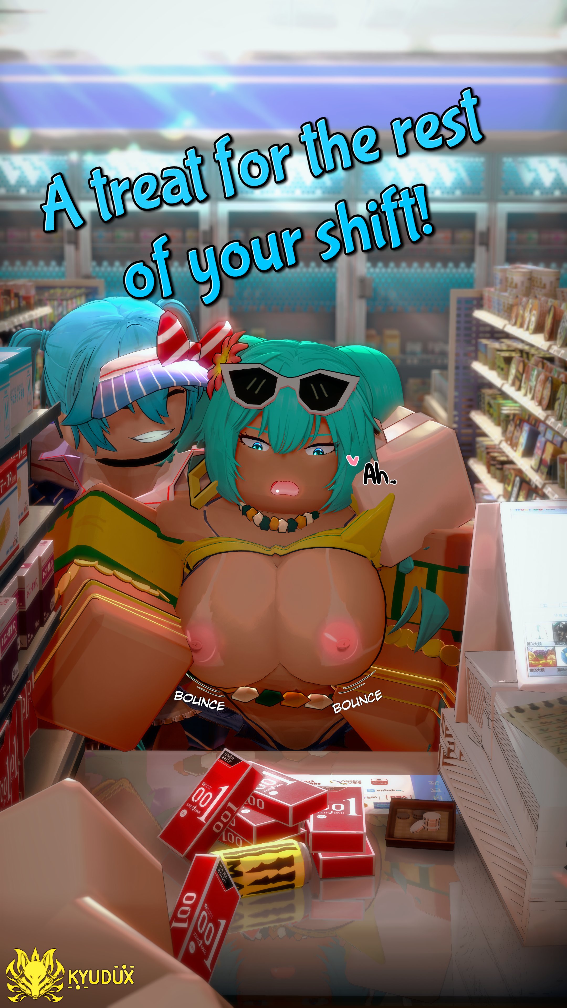 2026, 2girl, 2girls, 3d, 3d (artwork), alternate version, alternate version available, boobs, brazilian, brazilian female, brazilian miku, breasts, convenience store, dialogue, digital media, english, english dialogue, english text, exposed boobs, exposed breast, exposed breasts, exposed tits, female, female focus, forced exposure, hatsune miku, jpeg, jpg, koikatsu, koikatsu (medium), kyudux, light body, light skin, light-skinned female, mesmerizer miku, nipples, pov, pov male, roblox, robloxian, square crossover, store, tan body, tan skin, tan-skinned female, tanline, tanlines, tanned, tanned female, tanned skin, text, tits, vocaloid