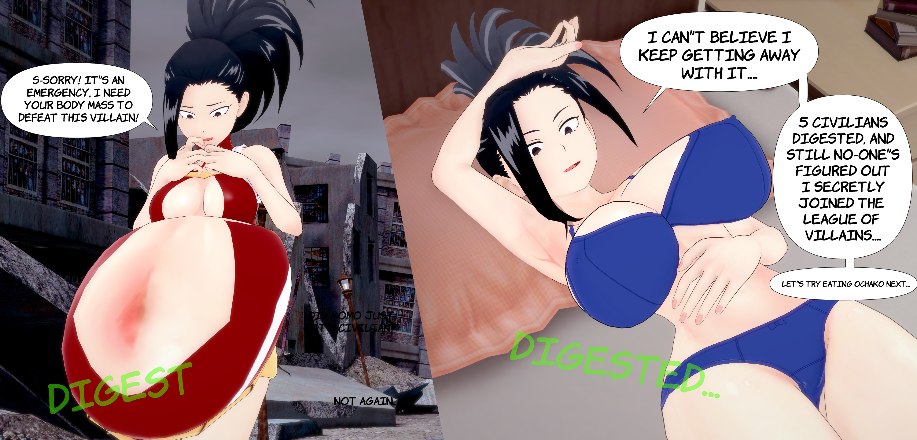 1girls, 2026, 3d, 3d (artwork), absorption, absorption vore, ass, ass expansion, belly overhang, big ass, breast expansion, breasts, digestion, digestion noises, english text, female, female focus, female pred, gassy, implied disposal, koikatsu, large belly, momo yaoyorozu, my hero academia, nude, nude female, onomatopoeia, oral vore, same size vore, sequence, slideshow, snuff, tagme, text, uncensored, vore, vore queen, vore sequence, weight gain, yaoyorozu momo