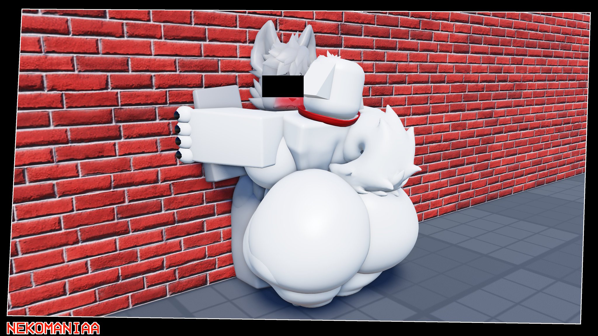 3d, anon, ass, ass focus, canine, censor bar, dog, floppy ears, furry, furry only, grey fur, male/female, naked female, nekomaniaa, pinned to wall, roblox, roblox avatar, robloxian, self upload, tagme, white fur