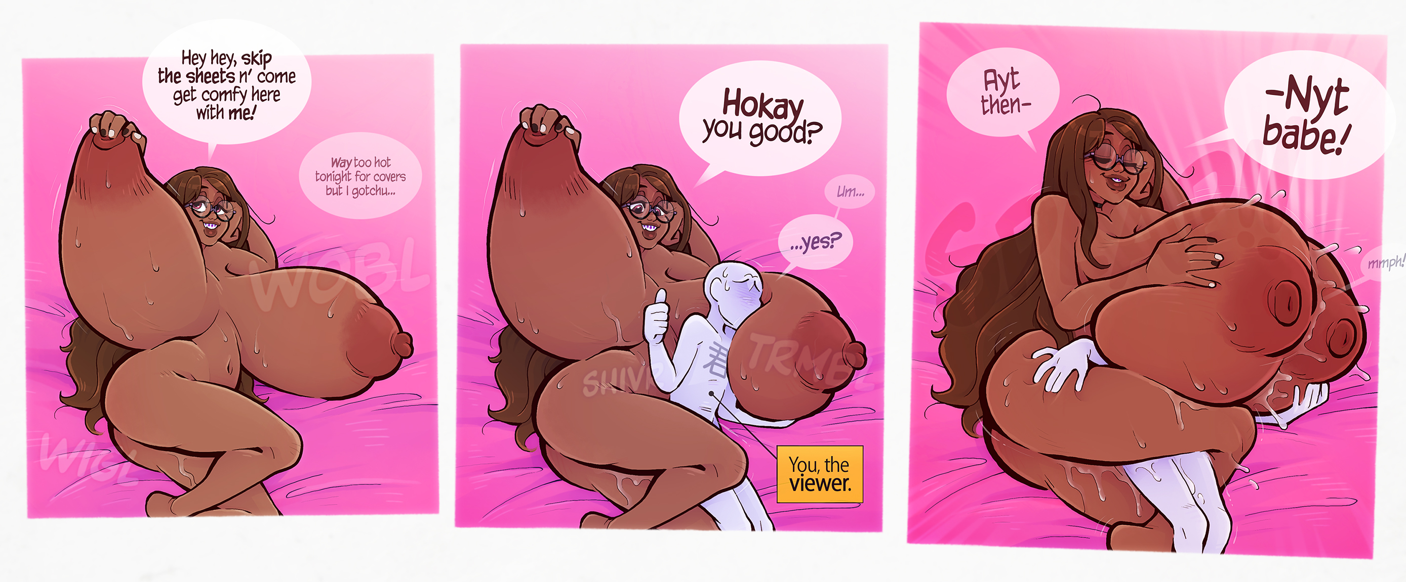 1boy, 1girls, 3koma, absurdly large breasts, bed, bedroom, bedroom eyes, between breasts, braces, breast grab, breast pillow, breasts apart, breasts bigger than head, breasts bigger than torso, brown hair, brown skin, completely nude, completely nude female, dark-skinned male, dominant female, faceless male, femdom, generic male, giant breasts, gigantic breasts, glasses, holding breast, huge breasts, hyper breasts, long hair, lying on breasts, massive breasts, purple eyes, round glasses, size difference, sleep, sparrow (artist), spoon position, spooning, submissive male, sweat, sweating, sweaty, sweaty body, taller female, thumbs up, worried, worried male