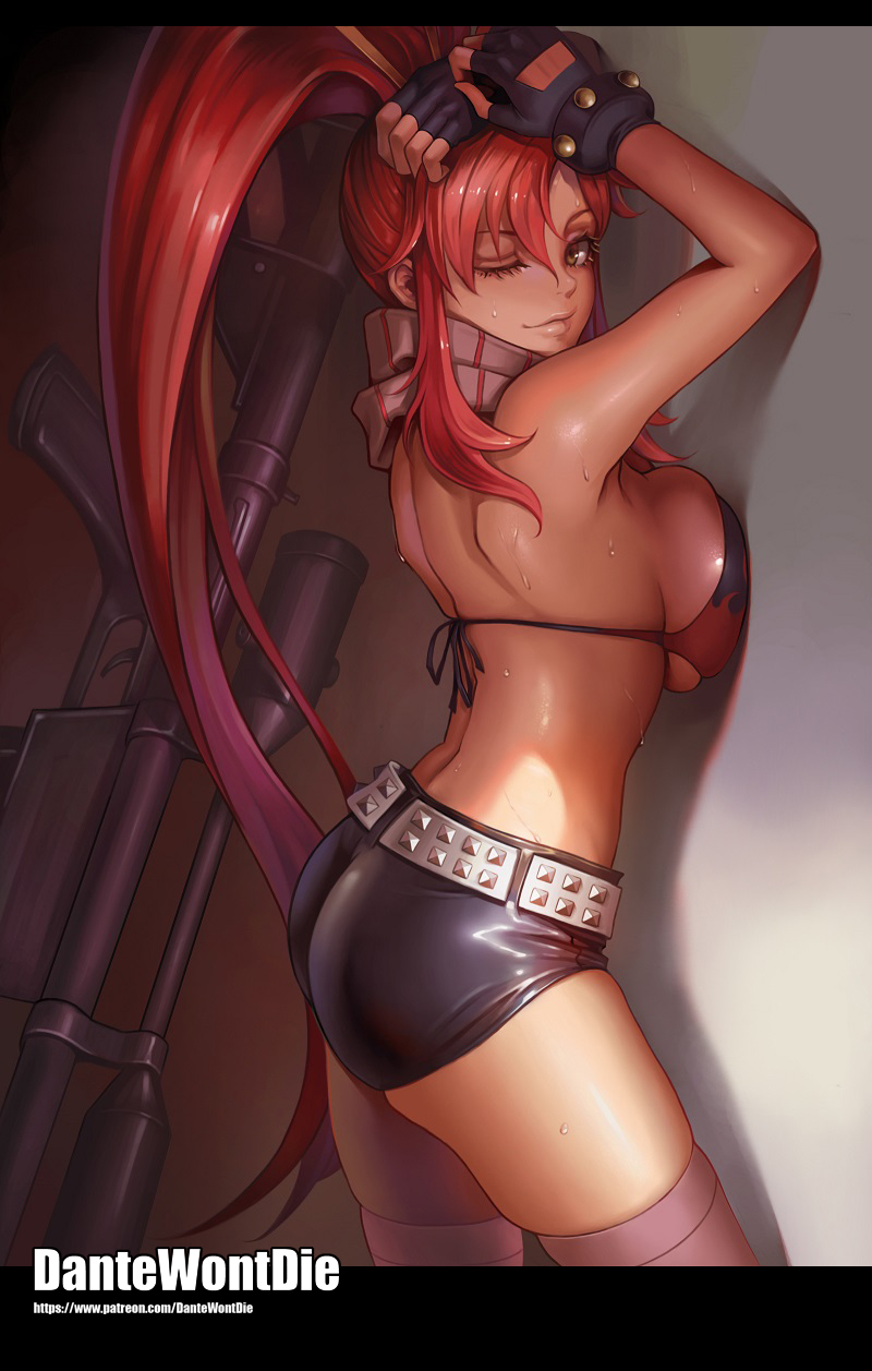 1girls against_wall ass big_breasts bikini_top breast_press breasts_against_wall dantewontdie female female_only gun large_breasts long_hair looking_at_viewer one_eye_closed pinup ponytail red_hair shorts sideboob skin_tight smile sniper_rifle solo solo_female solo_focus sweat tengen_toppa_gurren_lagann thighhighs wink yellow_eyes yoko_littner