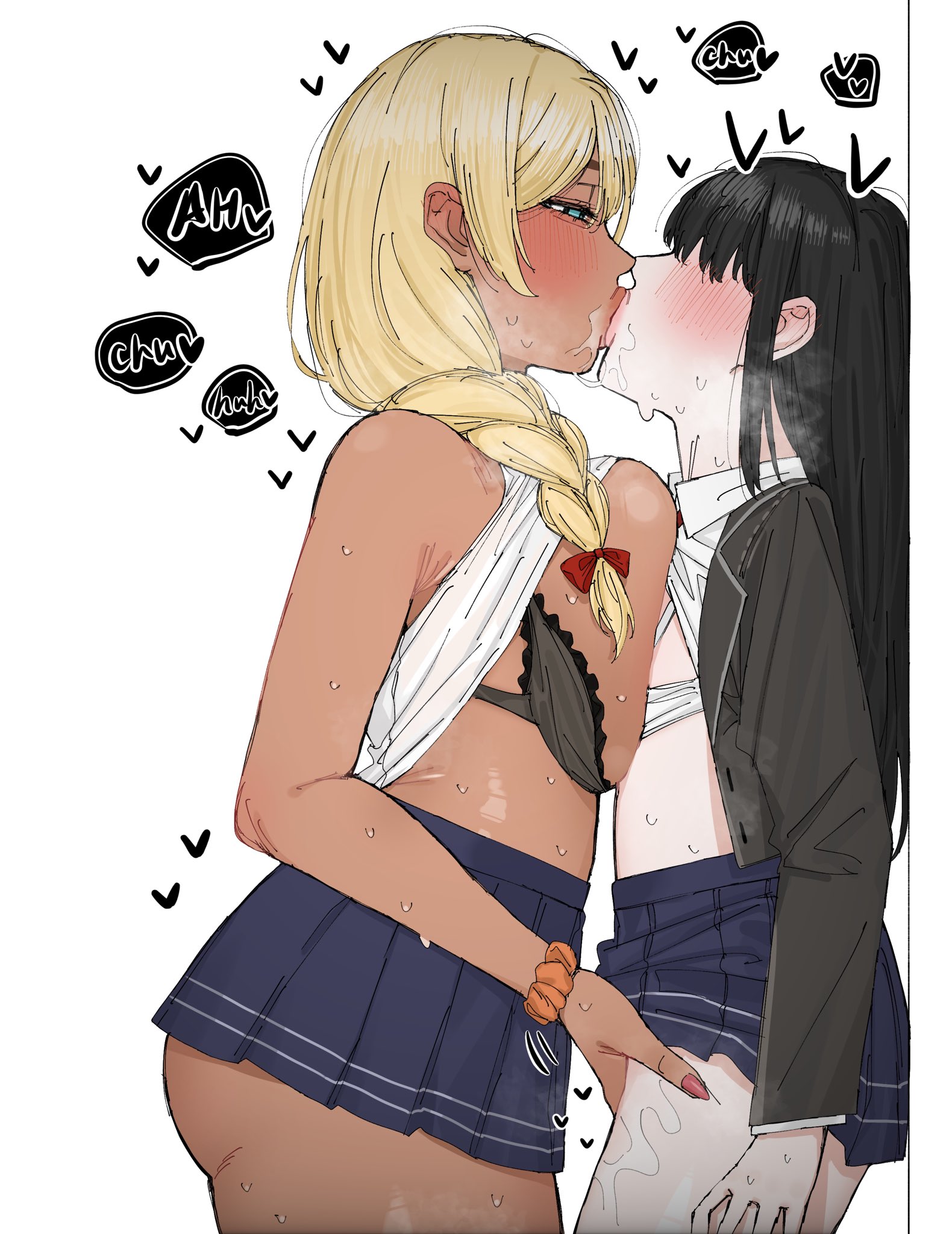 2020s, 2026s, 2girls, ass, assertive, assertive female, asymmetrical docking, big ass, big breasts, black bra, black clothes, black hair, blonde hair, blue eyes, blue skirt, blush, bodily fluids, bra, bra pull, braid, breast press, breast press on chest, breast size difference, breasts, breasts out, breasts press, breasts pressed against another, busty, carrot 011, clothes lift, dark skin, dark-skinned female, faceless female, female focus, female kissing female, female only, female/female, fingering, fingernails, flat chest, flat chested, food court de mata ashita, french kiss, genital fluids, girl on girl, girl/girl, girl/girl kiss, girls kissing, girls love, gyaru, hearts, height difference, highres, homosexual female, huge breasts, jacket, kissing, kogal, large breasts lesbian, leaning against wall, lesbian, lesbian kiss, lesbian seduction, lesbian sex, long hair, looking at partner, multiple girls, nail polish, nails, nails painted, orgasm, pleated skirt, saliva, sapphic, school uniform, simple background, size difference, skinny girl, skirt, sloppy kiss, small breasts, smaller female, sweat, taller female, taller girl, tied hair, underwear pull, vaginal juices, voluptuous female, white background, wlw, word balloon, wrist scrunchie, yuri