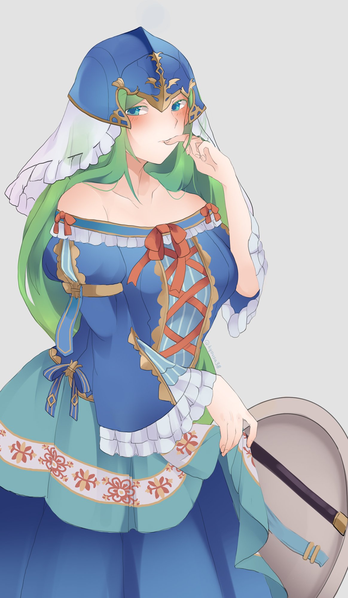 alternate_costume bare_shoulders blue_eyes blush dress finger_to_mouth fire_emblem fire_emblem:_path_of_radiance fire_emblem:_radiant_dawn fire_emblem_heroes green_hair kyo-usa kyousa38 long_hair nephenee_(fire_emblem) official_alternate_costume shield